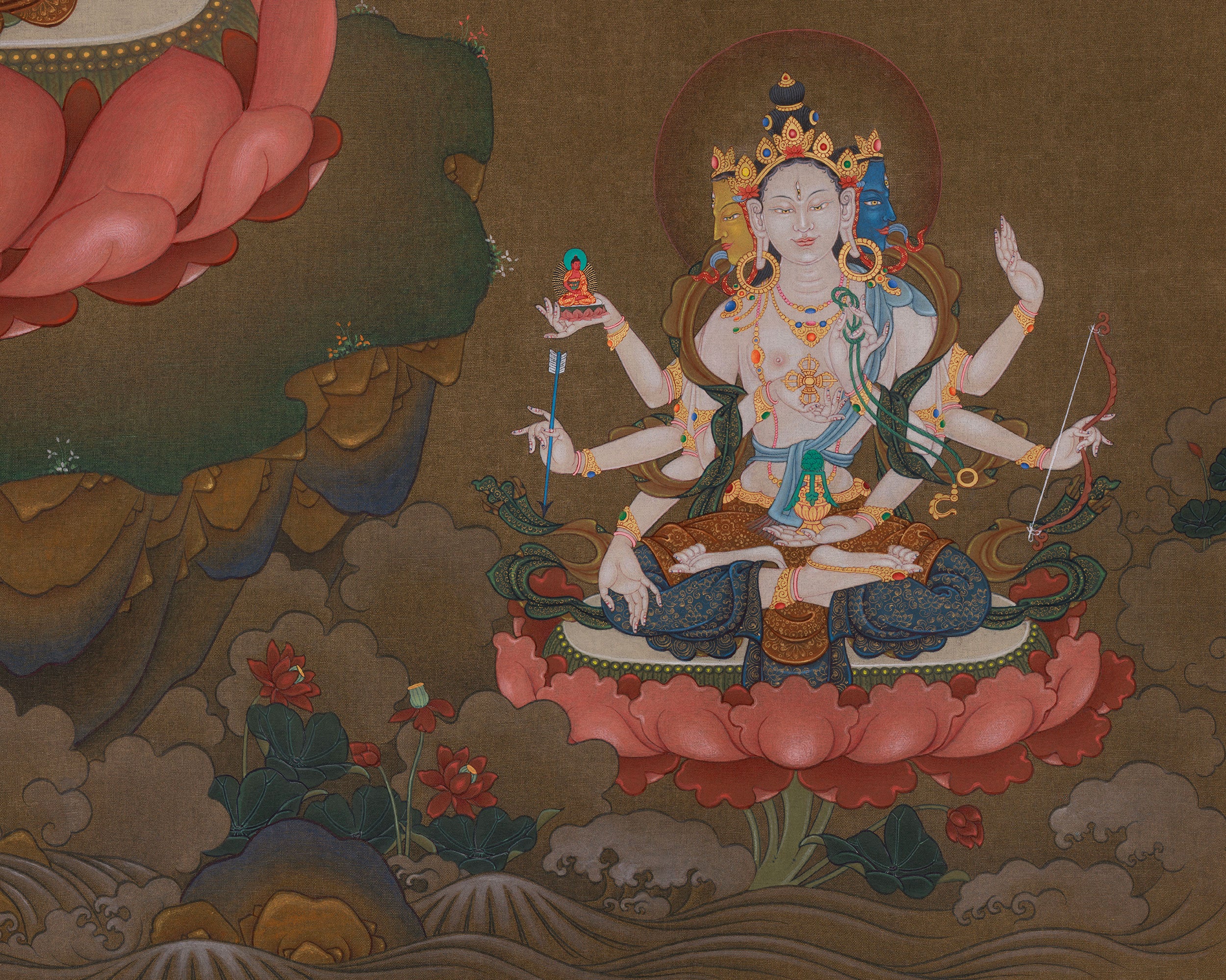White Tara Featuring Amitayus and Namgyalma Thangka | Premium Hand-Painted Art