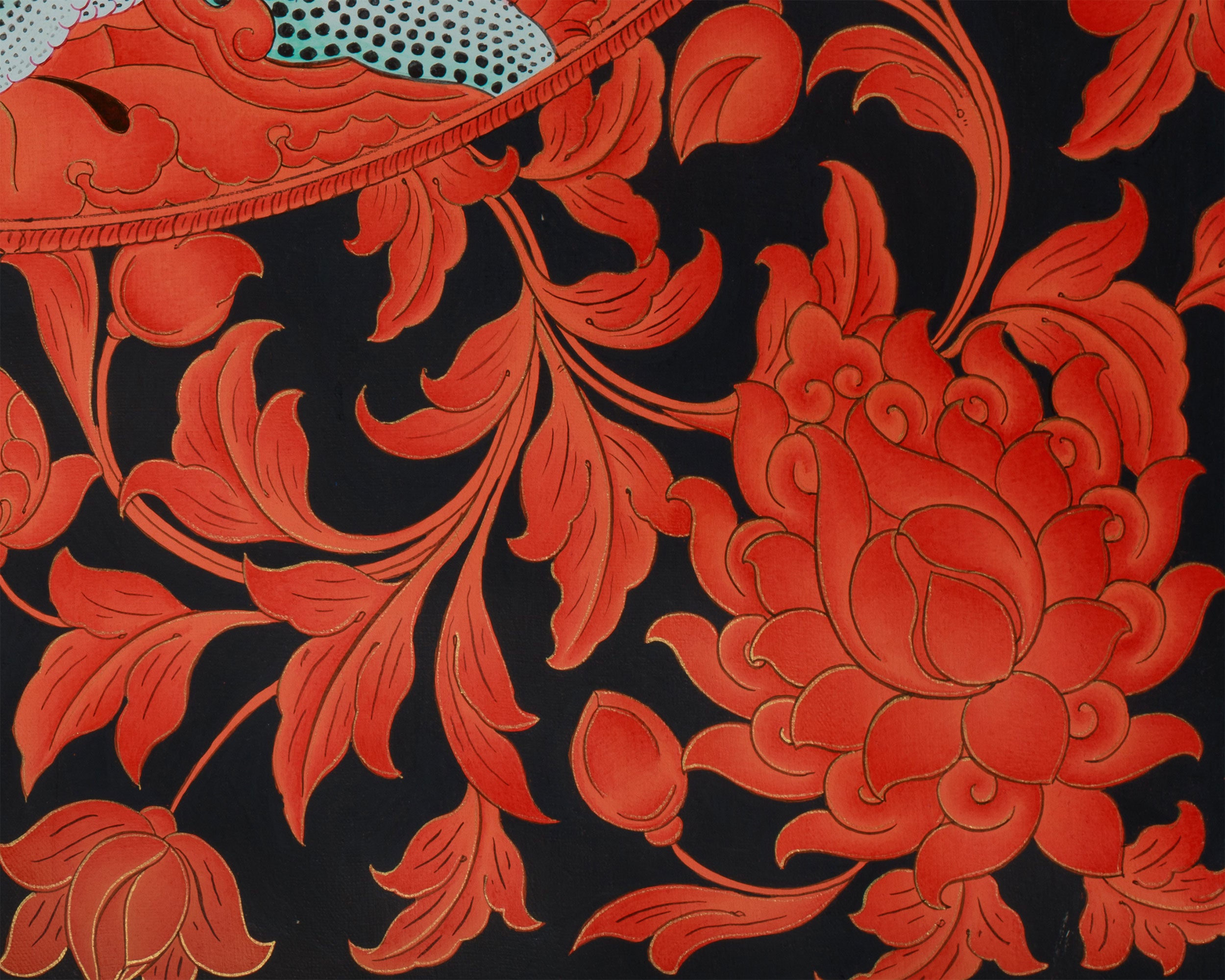 Large White Dzambhala Thangka on Black Canvas | Abundance and Spiritual Protection