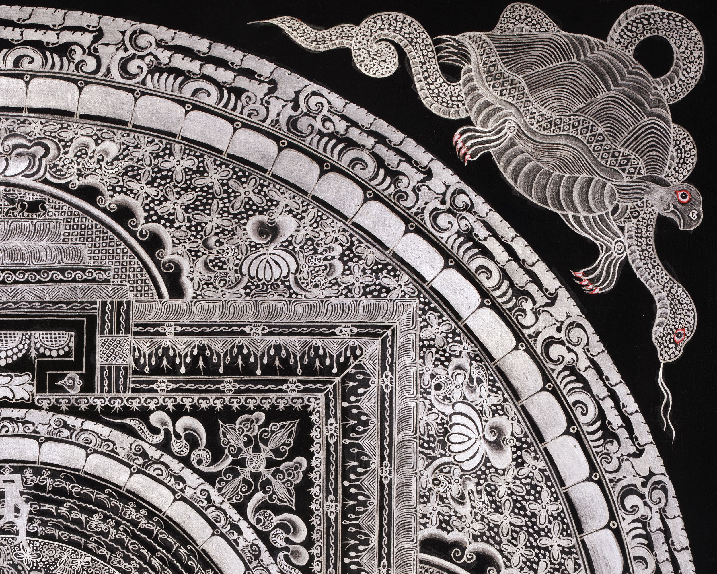 Giclée Mantra Mandala Print | Mythical Creatures, Concentric Circles, and Protective Mantras