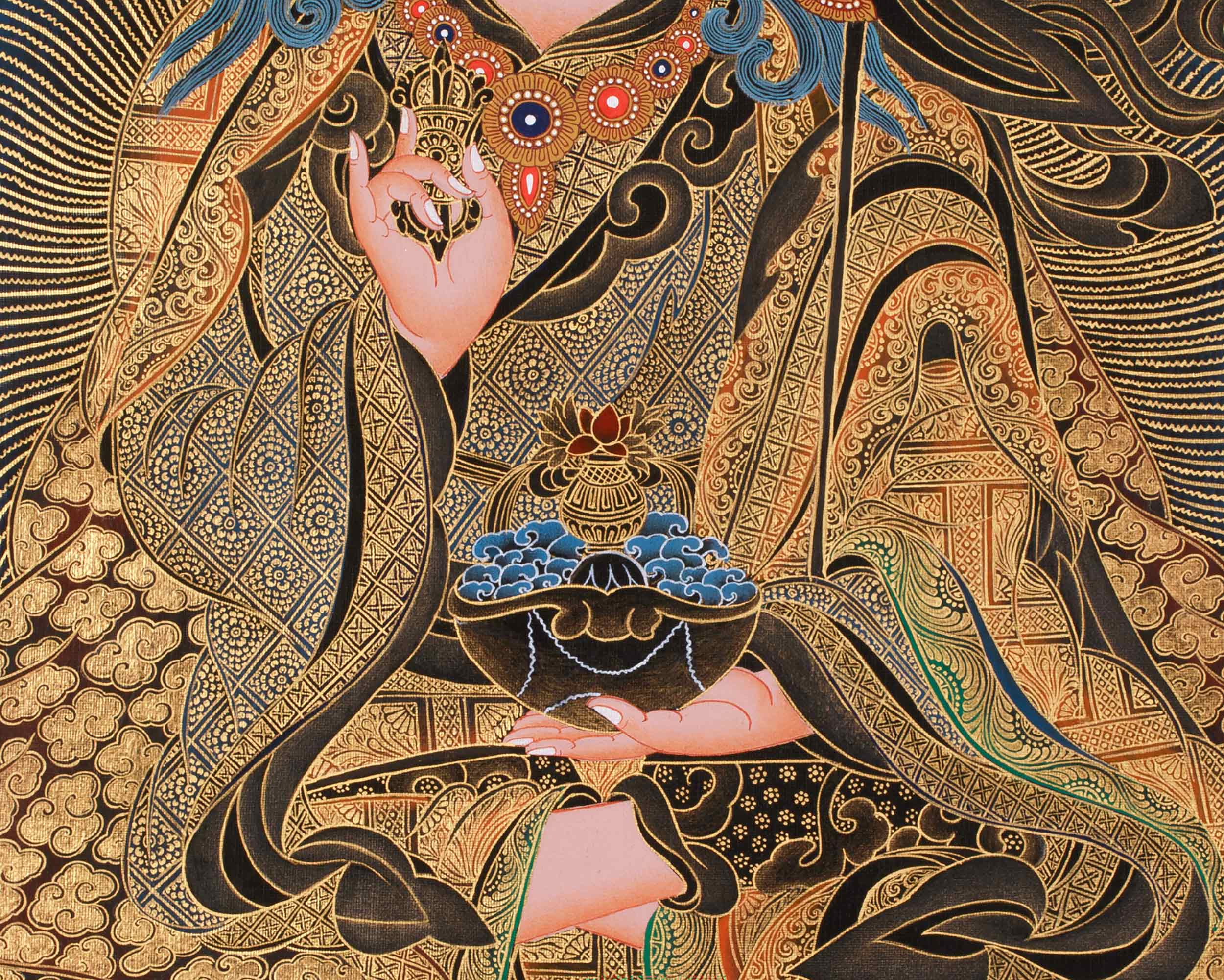 Guru Tsokyé Dorje Thangka | Masterful Gold Detailing on Black Canvas