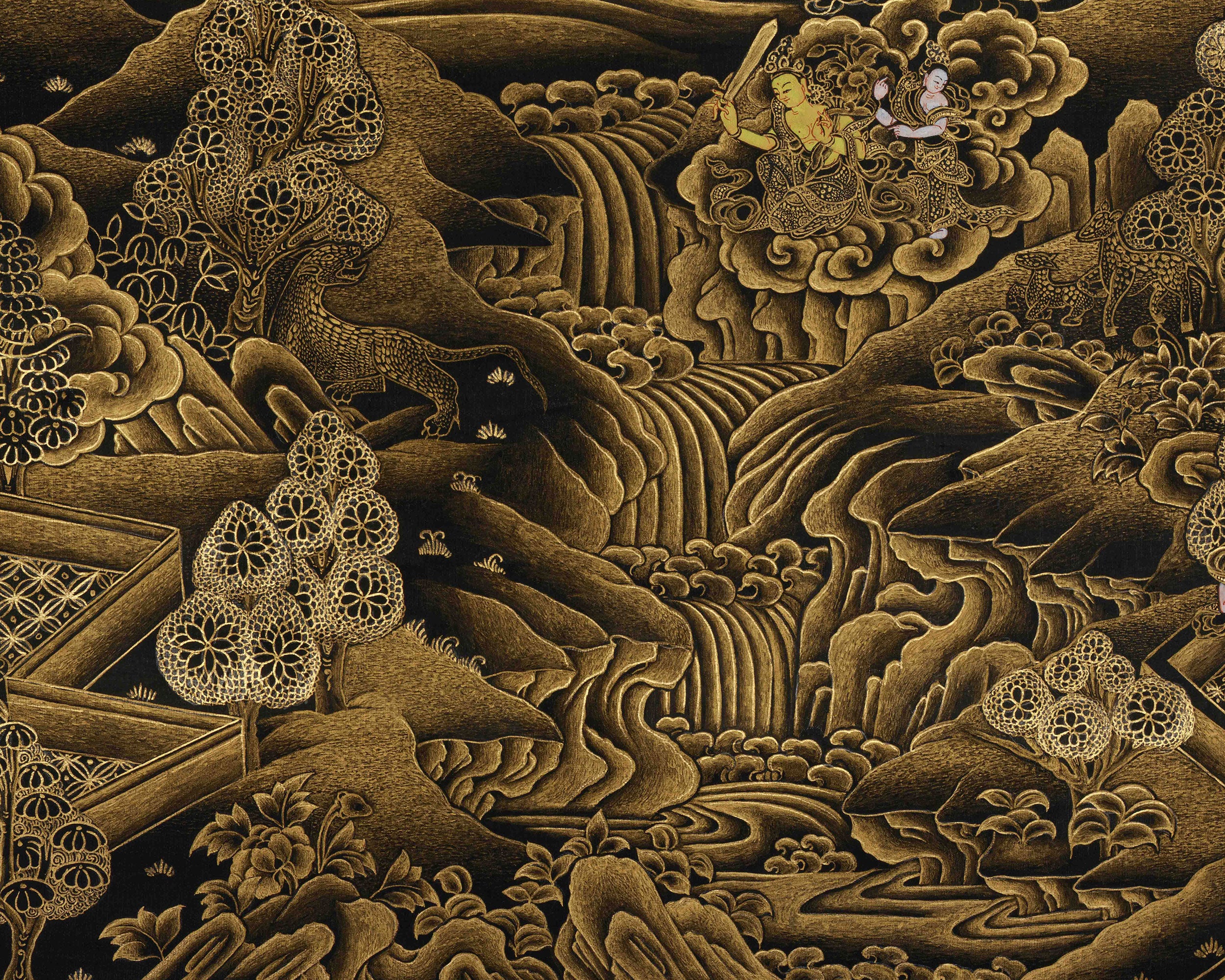 Golden-Hued Vajrayana Buddhist Manjushri Print | Wisdom Deity Wall Art for Altar