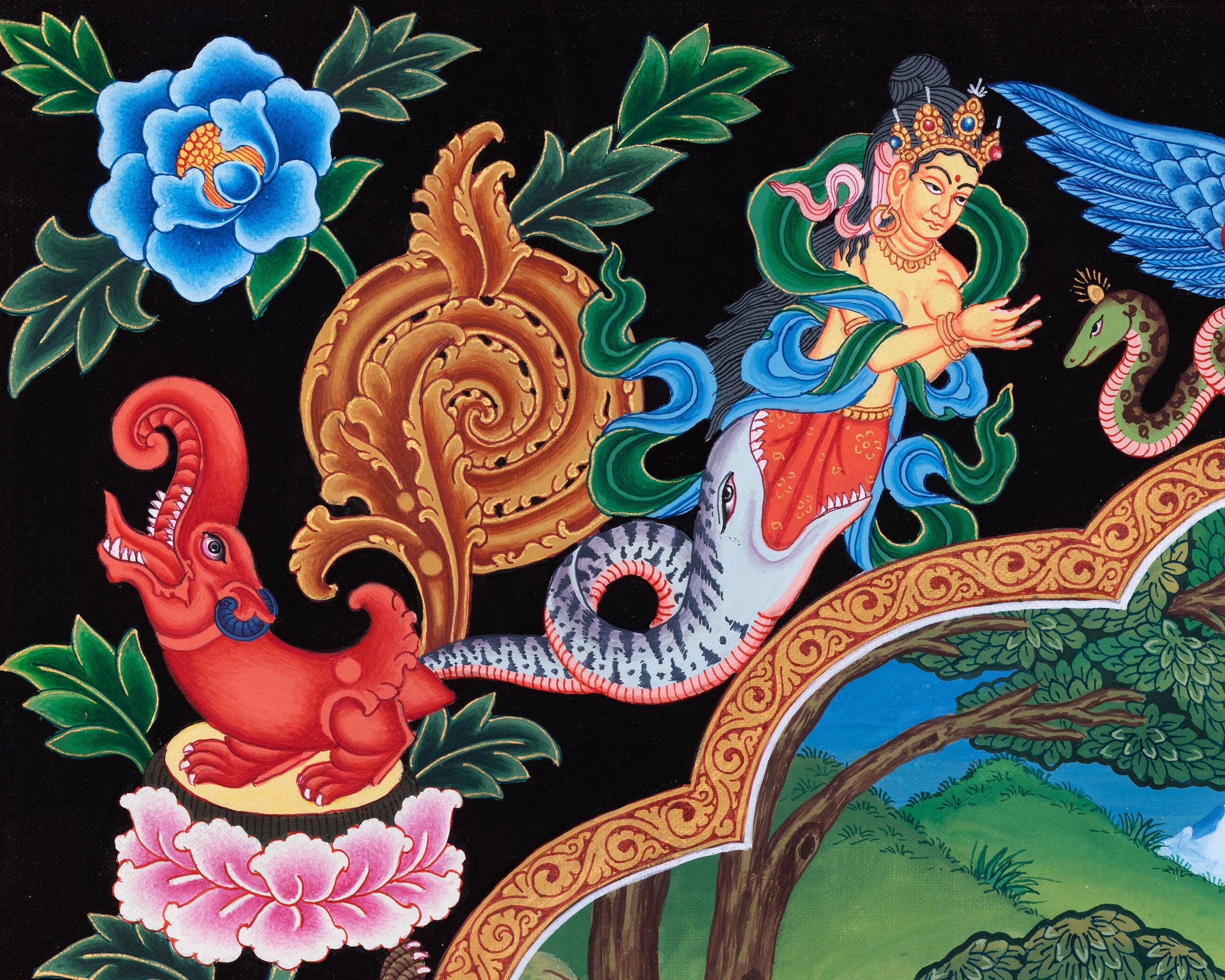 Ganesh Thangka Painting With Kartikeya and Saraswati | Ganapati Baba Canvas Art