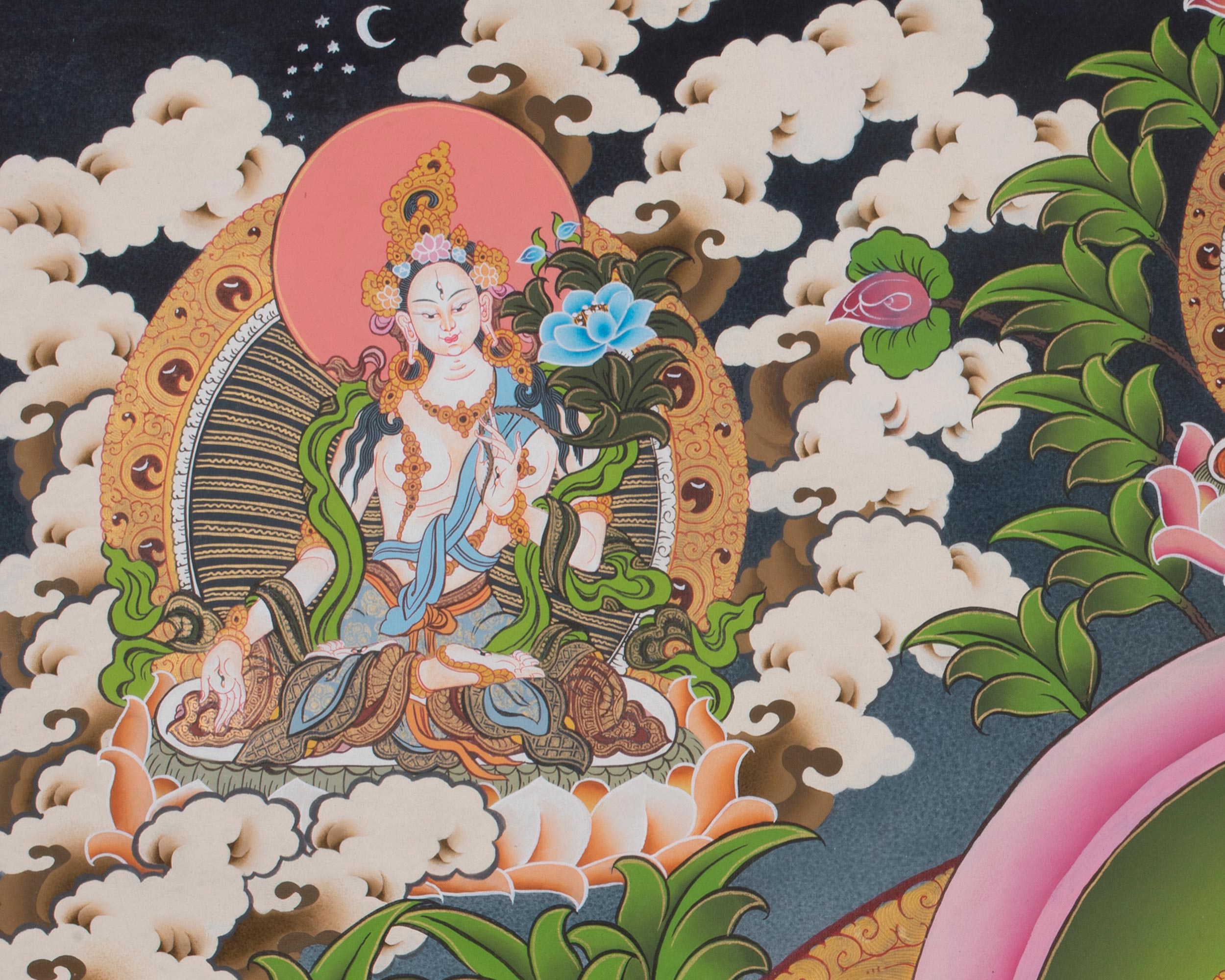 Large Size 4 Armed Chenrezig Thangka Painting with White Tara, Green Tara