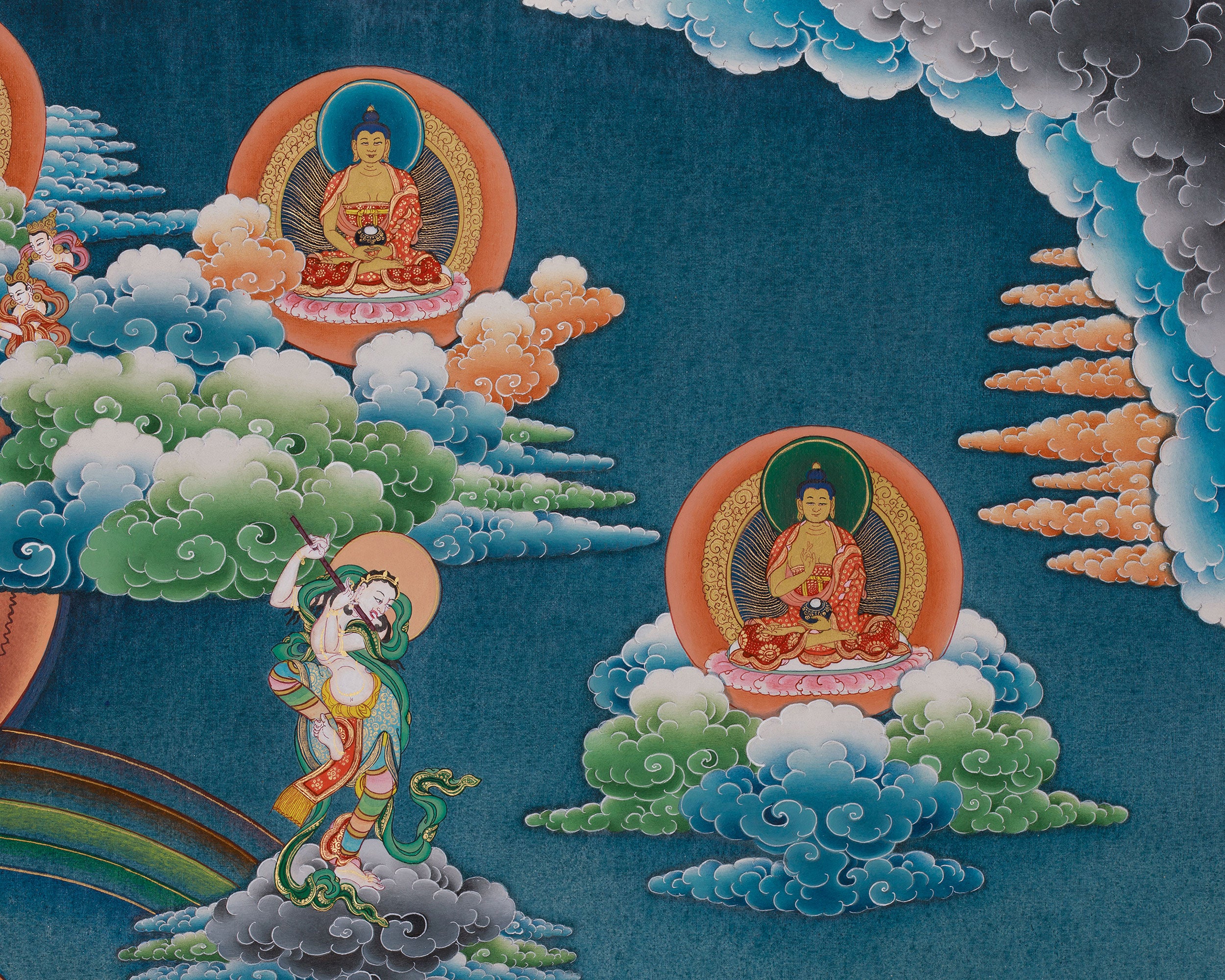 Five Buddha and  Boudha Stupa Thangka, Tibetan Meditation Wall Art