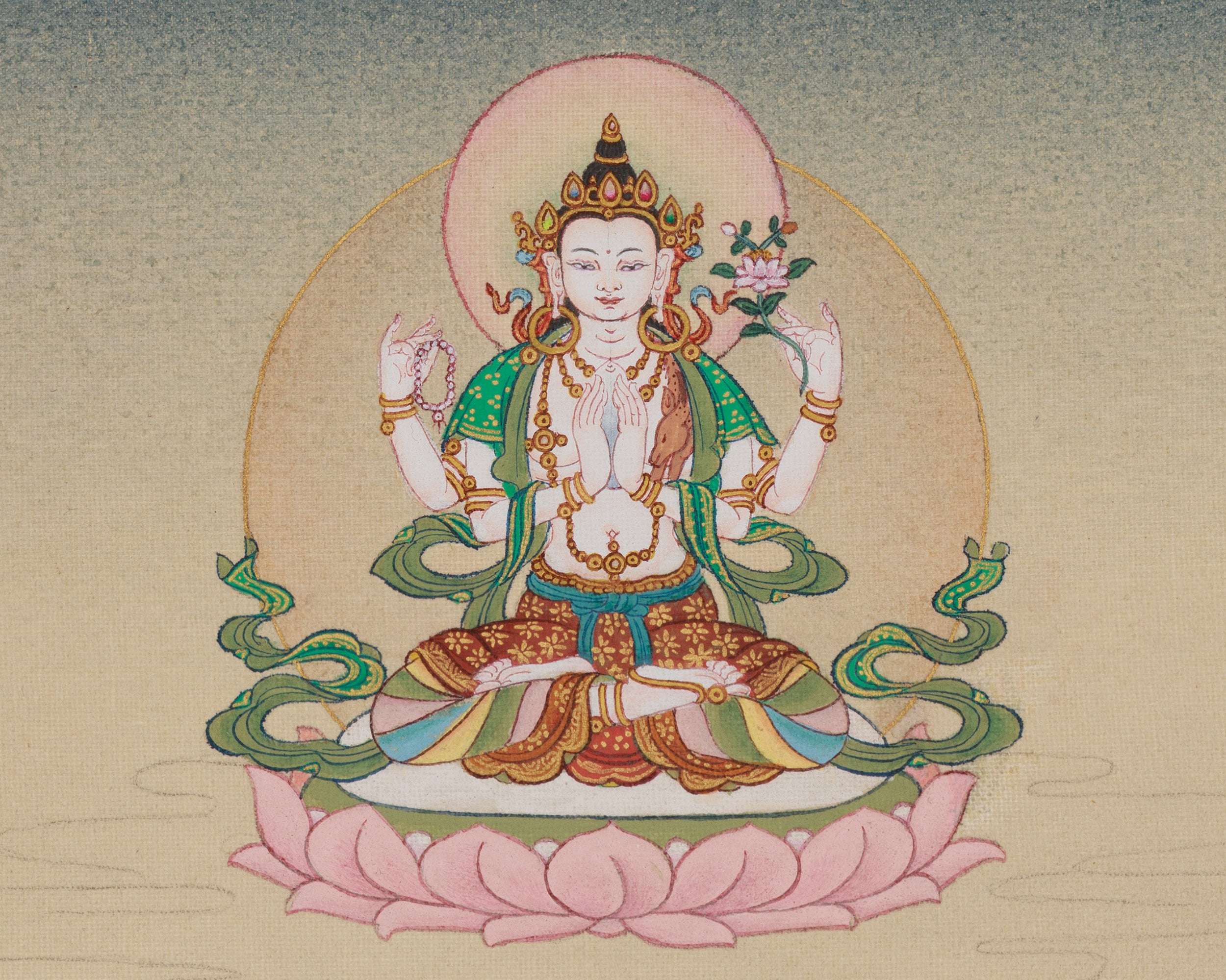 Manjushri With Vajrapani and Chenrezig Thangka | Sacred Wisdom Compassion Deity