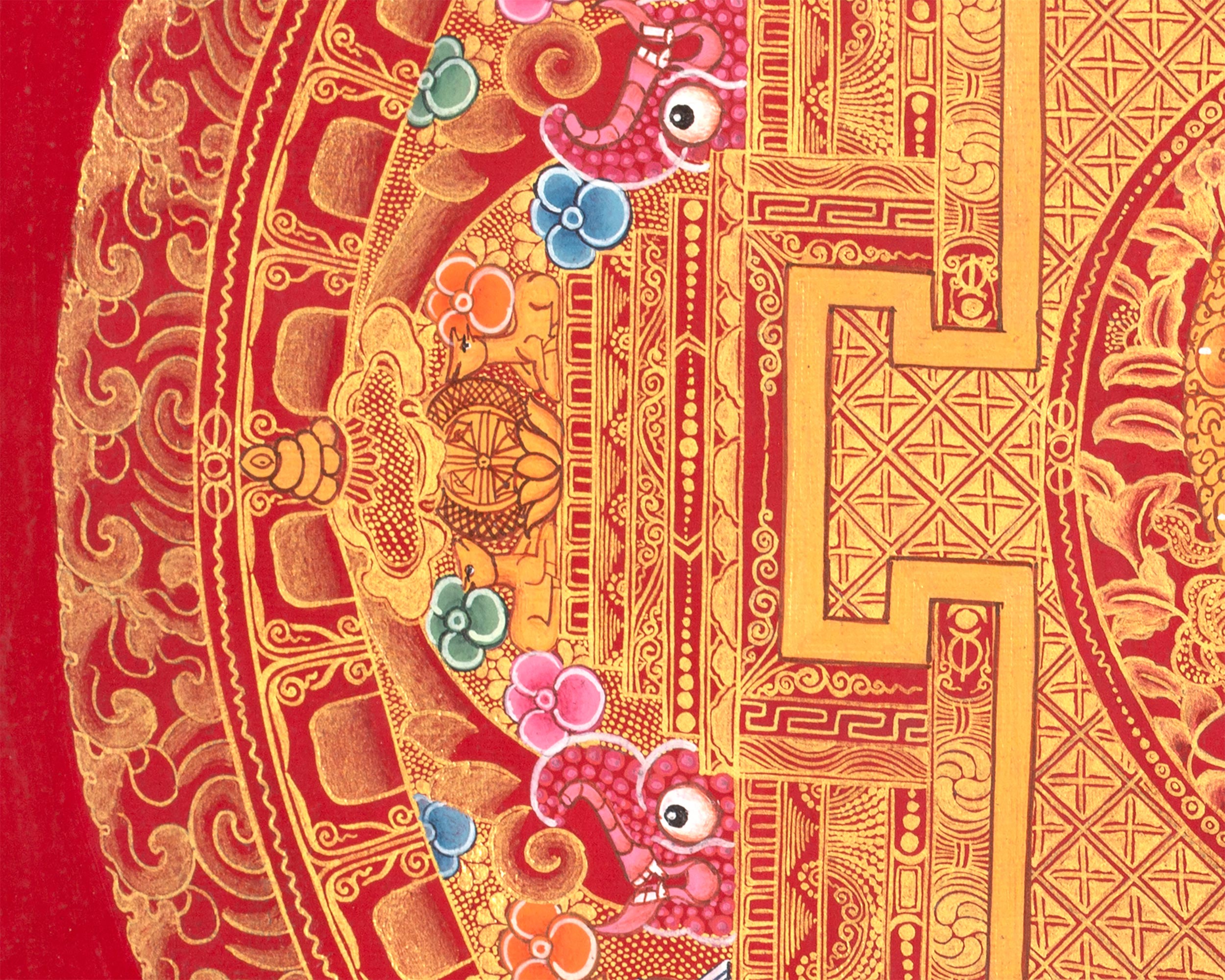Chenresig Mandala | Buddha of Compassion | Red and Gold Thangka