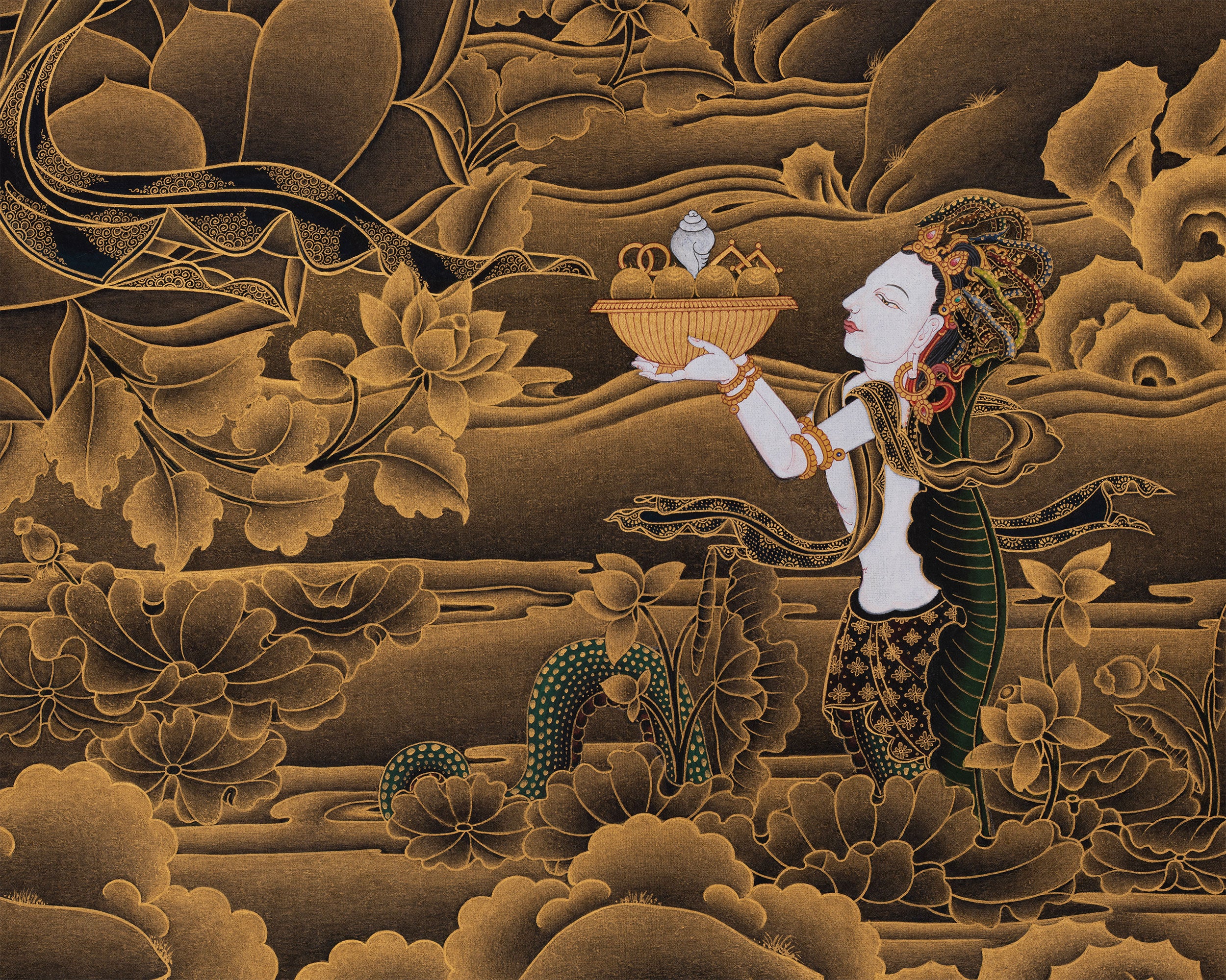 Majestic Two-Armed Chenrezig | 24K Gold Embellished Thangka | Nakthang Style