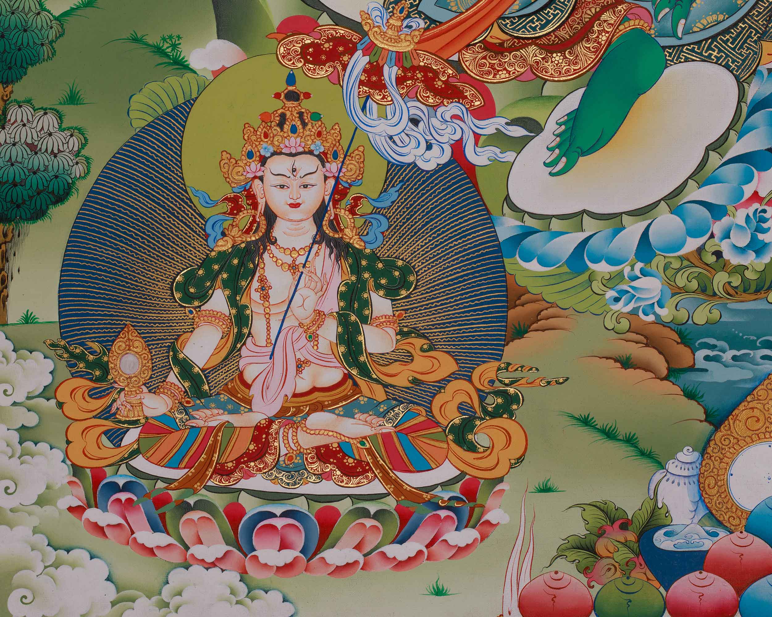 Green Tara Divine Thangka | Five Dhyani Buddhas, Saraswati, and Dukar