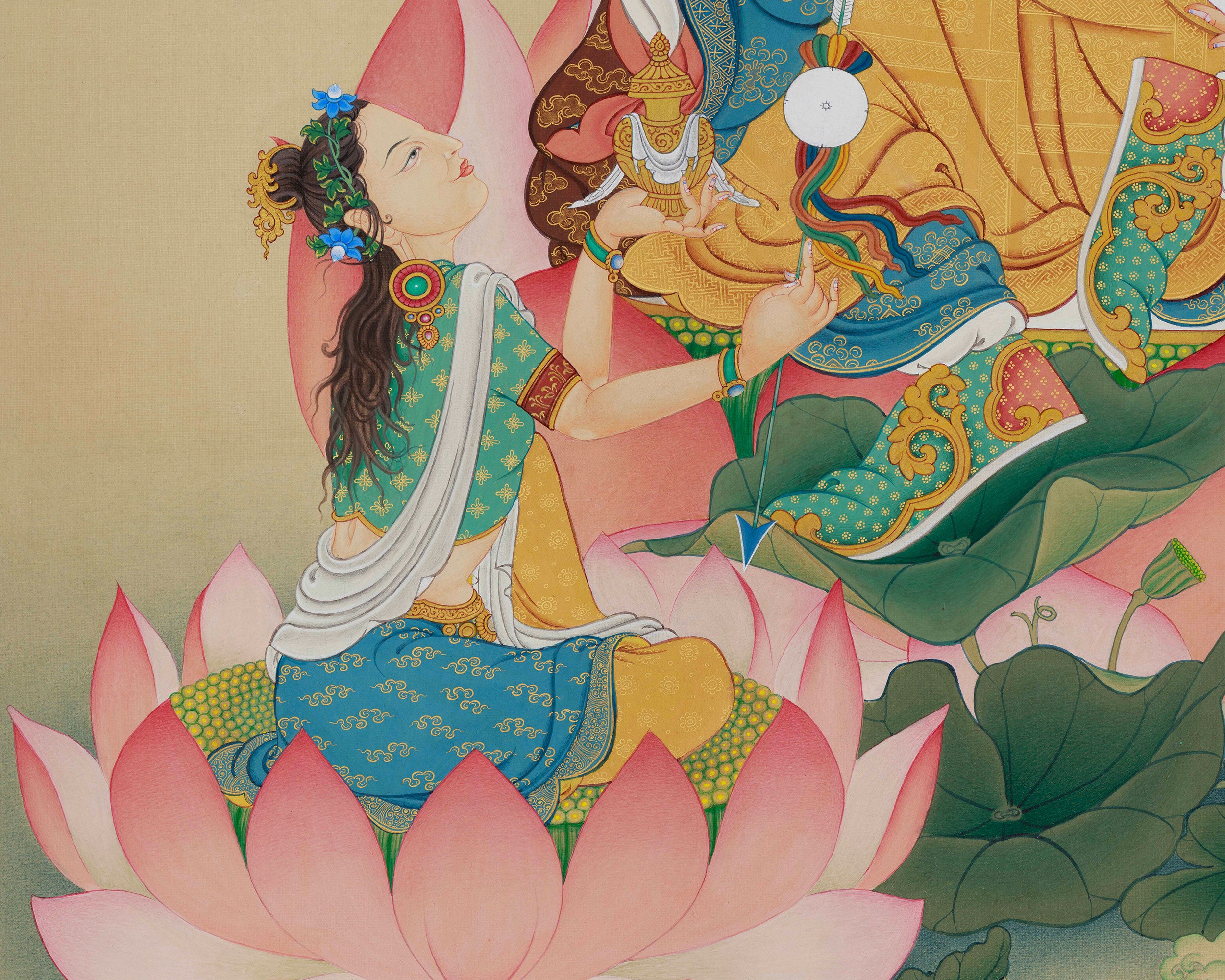 Spiritual Masterpiece, Enlightened Padmasambhava Thangka | Mandarava & Yeshe Tsogyal
