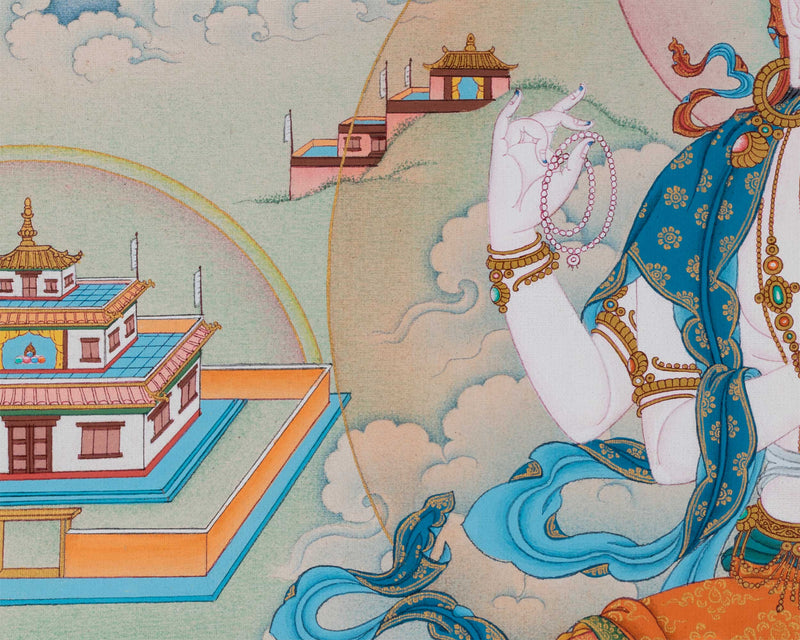 4 Armed Avalokiteshvara Thangka Print | Bodhisattva Avalokiteshvara With Buddha Amitabha