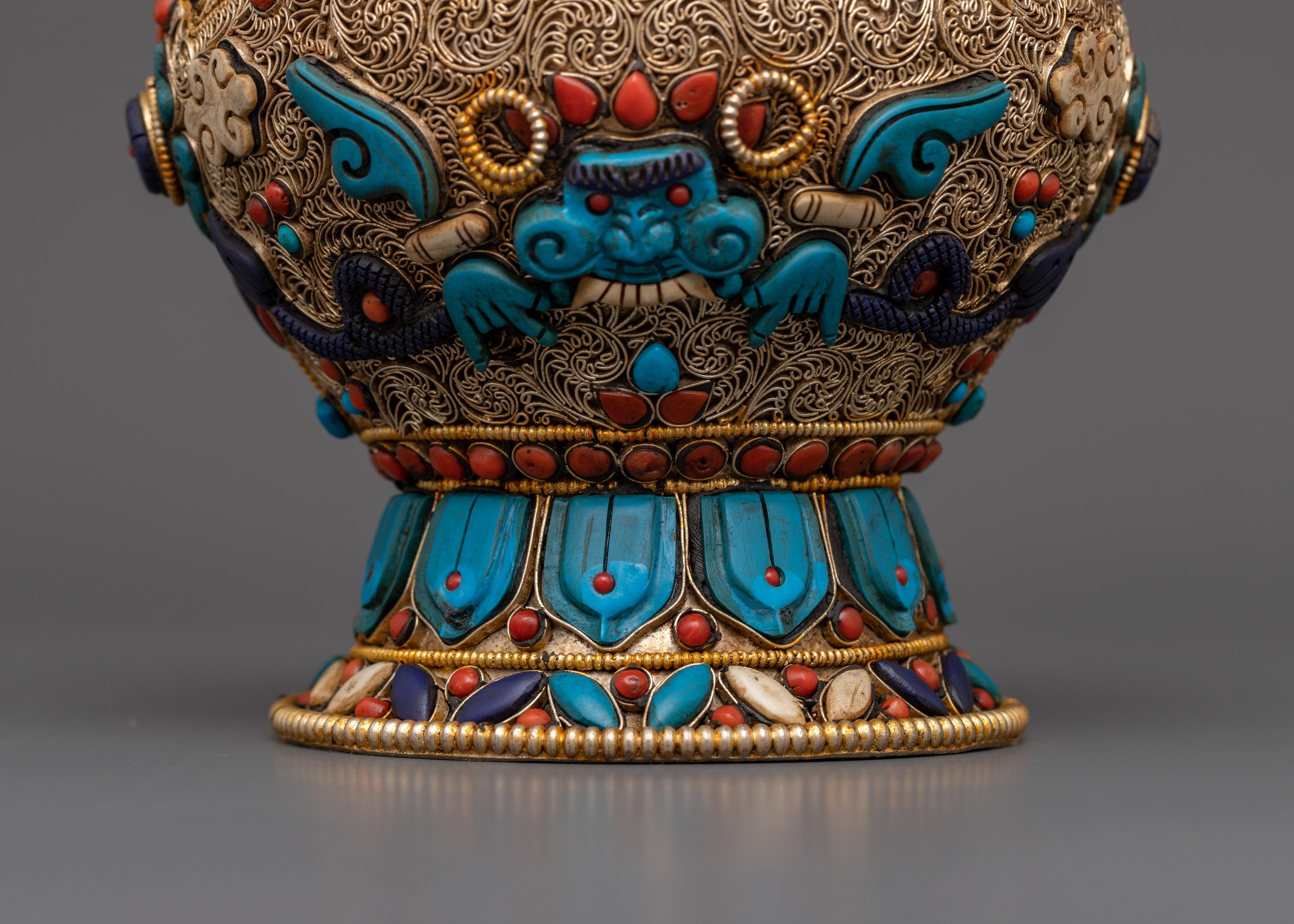 Beautiful Tibetan Rice Pot  with Stones Floral Motifs | Ideal for Altar, Decor, and Rituals