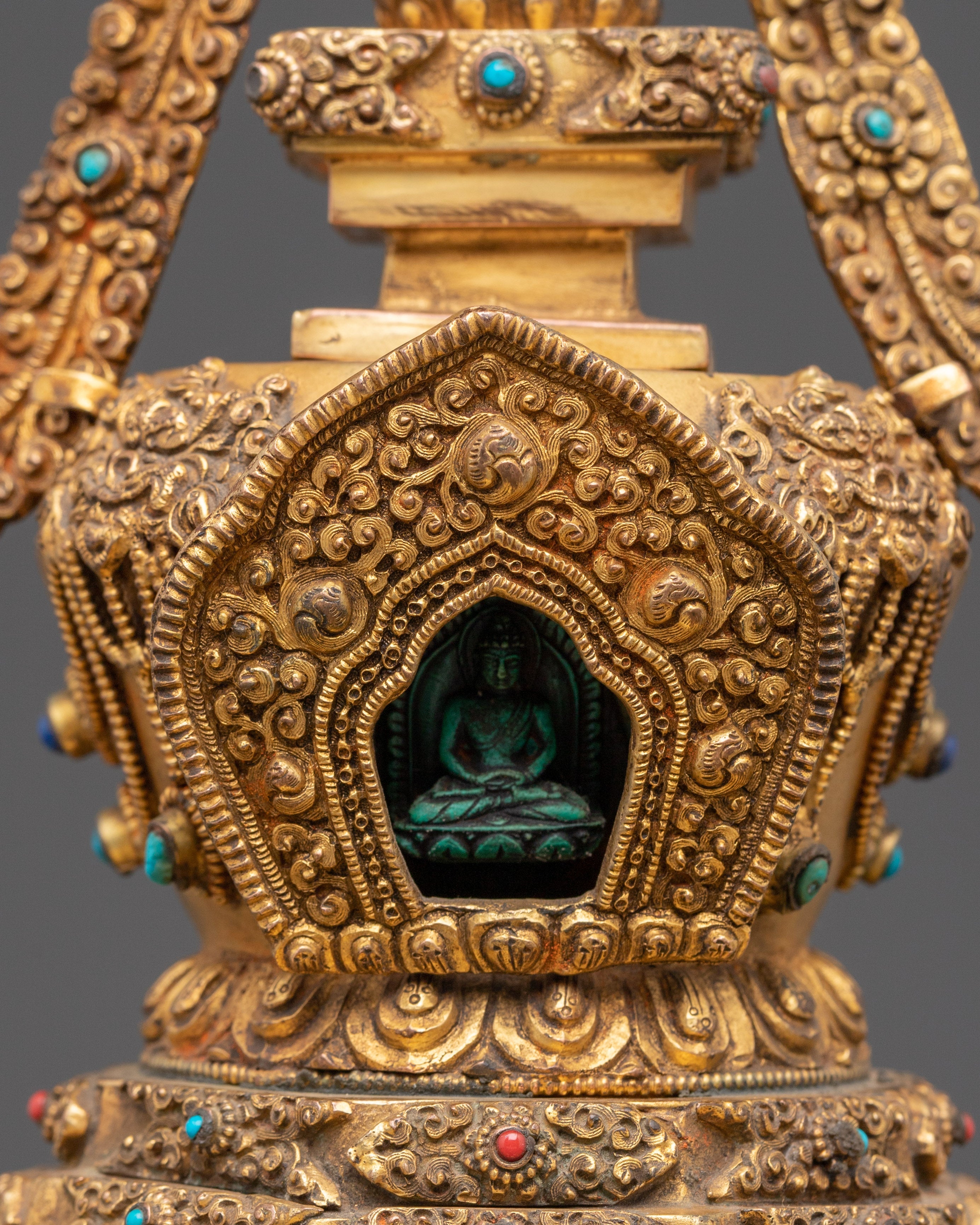 Sacred Stupa Containing Amitābha Buddha | Gold Plated Copper with Turquoise Inlay