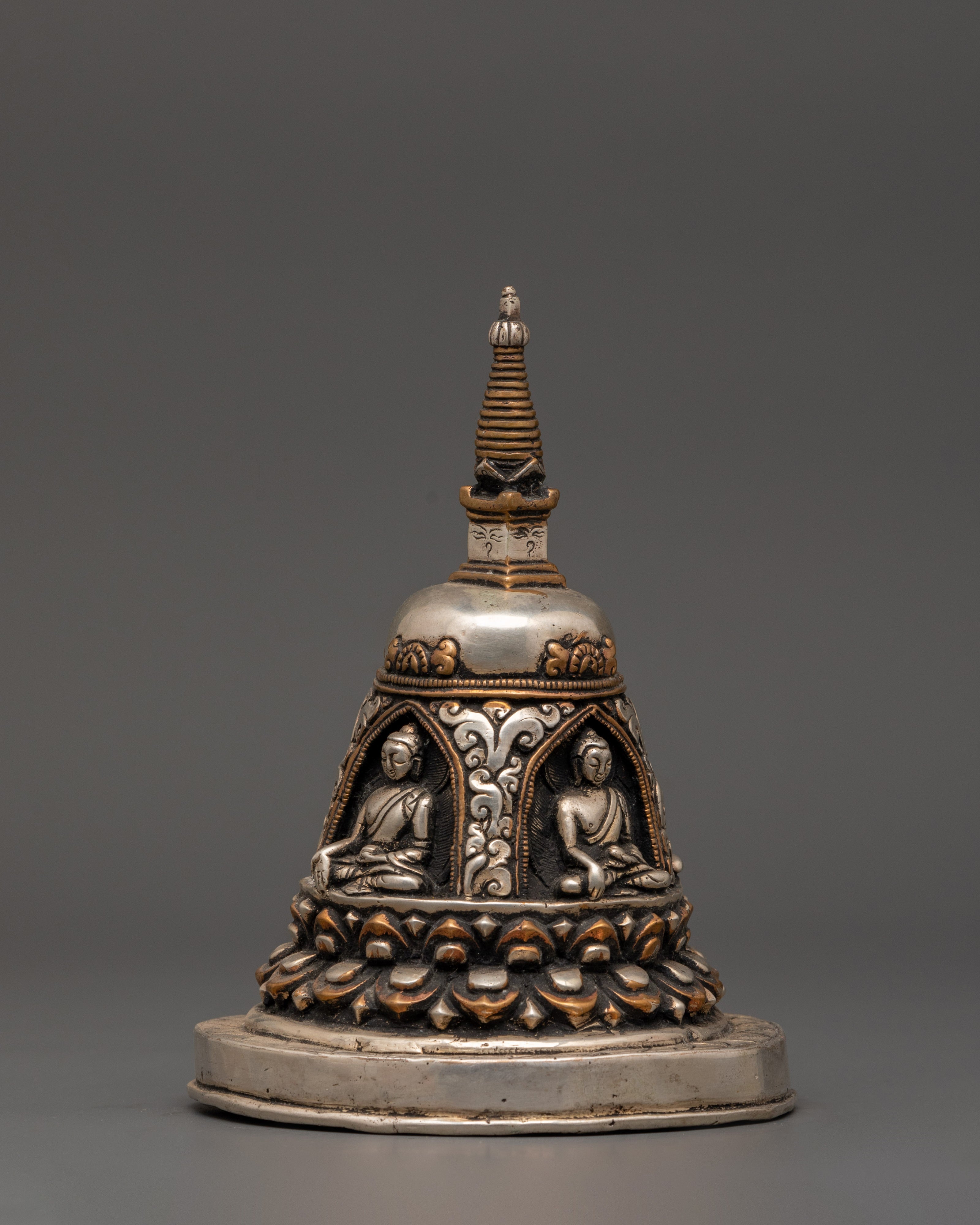 Oxidized Copper Stupa with Silver Plating 4 Buddha Engraved | Spiritual Home Decor