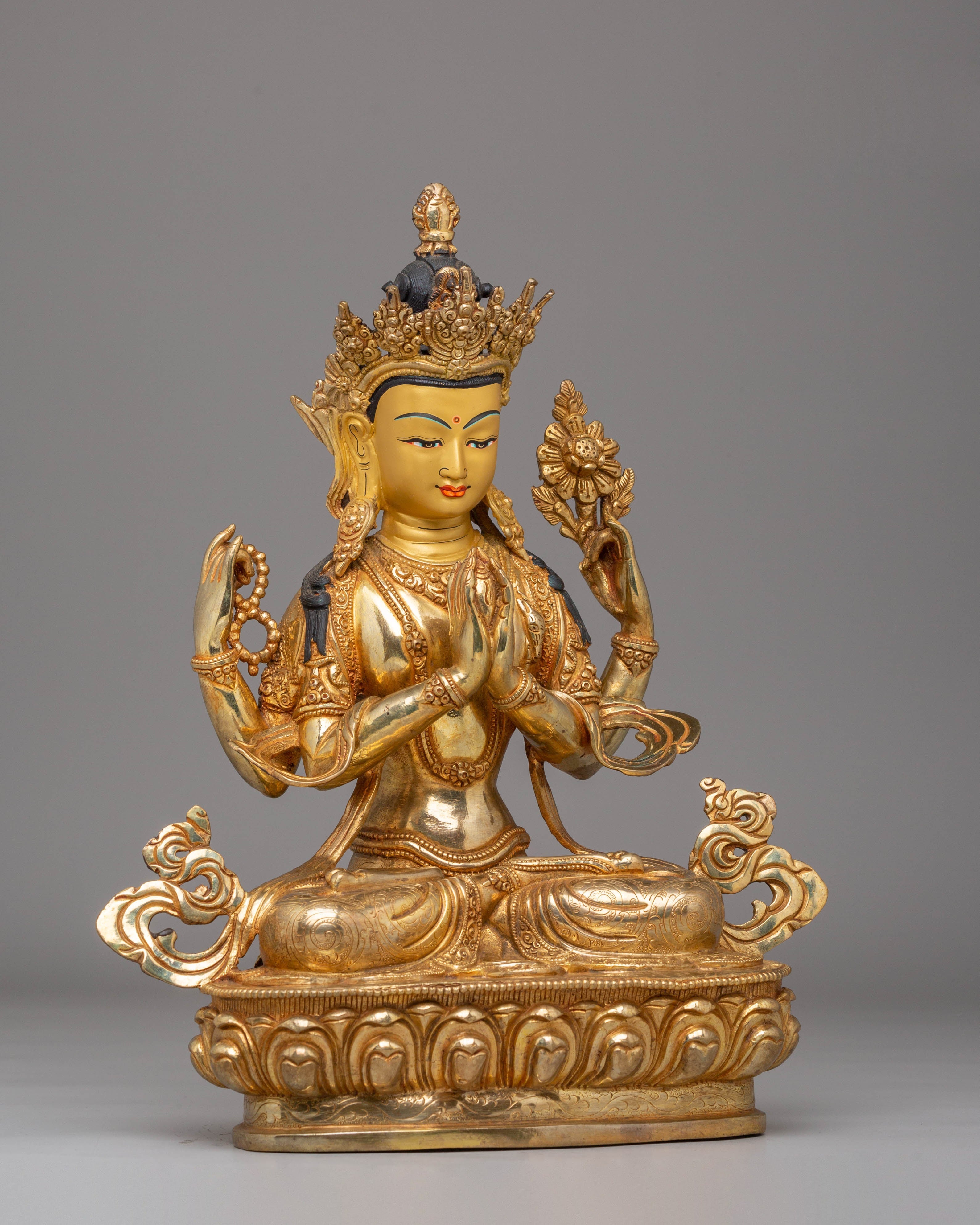 Handcrafted Copper Statue of Chenrezig with 24K Gold Gilding