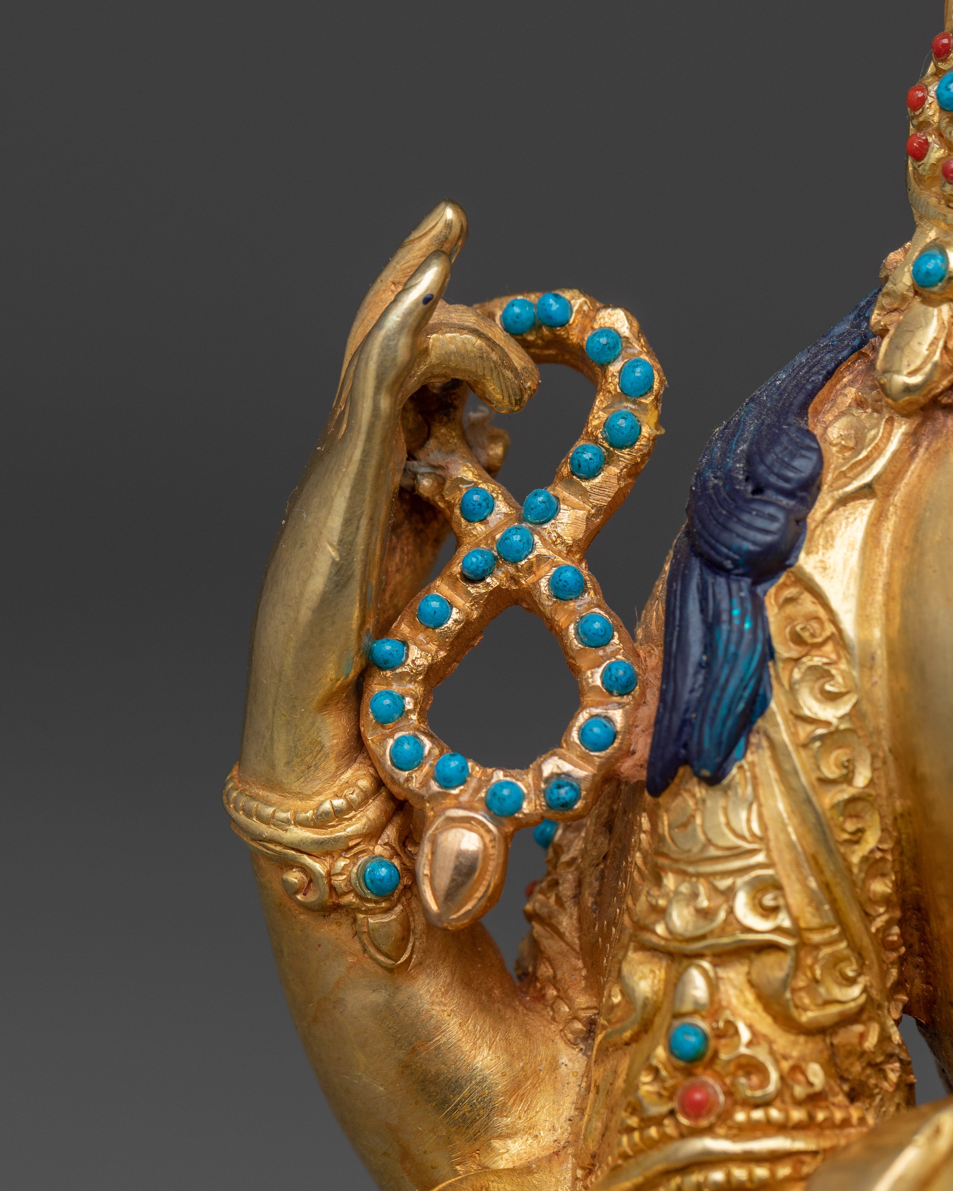 Tibetan Copper Chenrezig with Gemstone Inlay | Avalokiteshvara Sculpture for Meditation