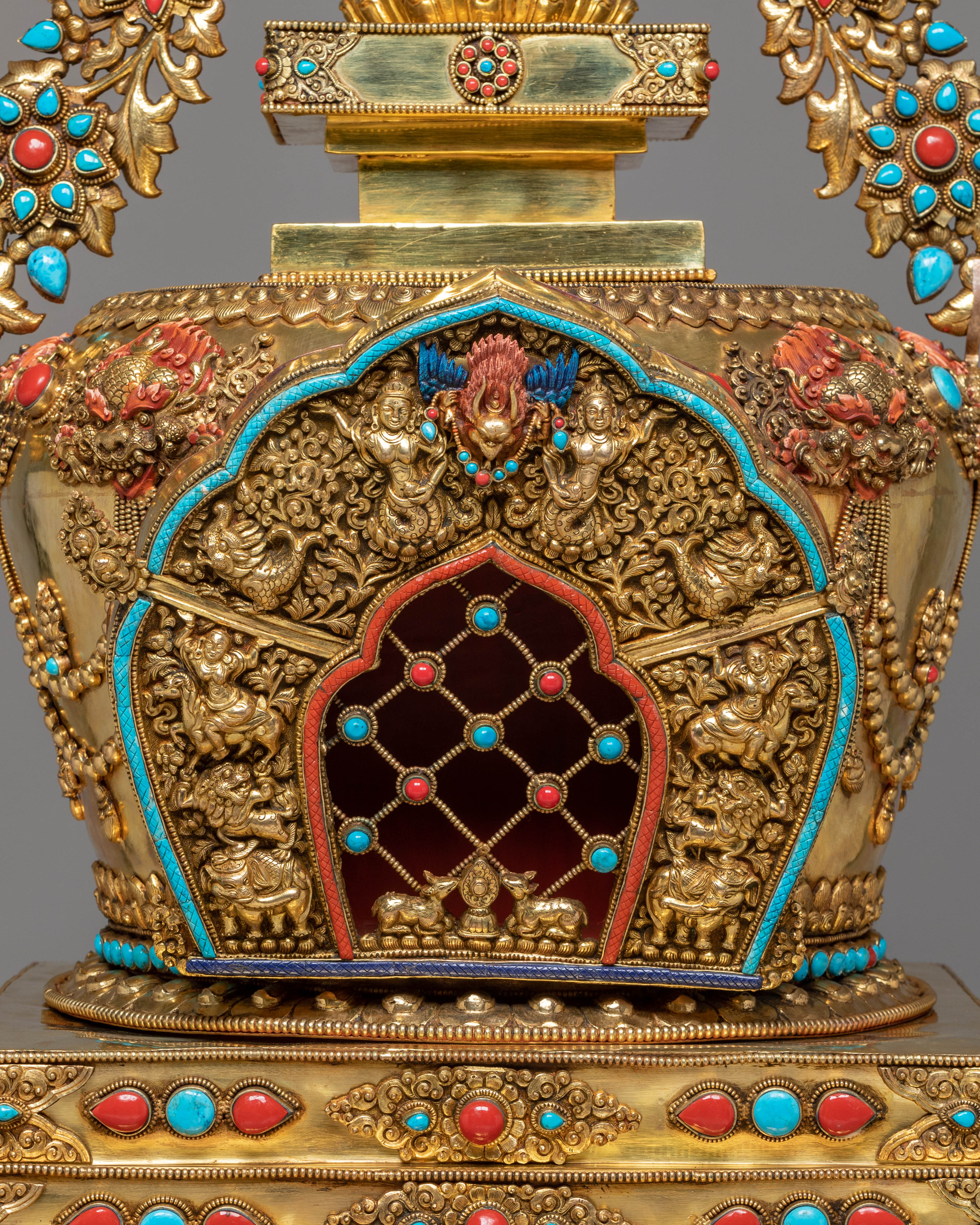Buddhist Handcrafted Sacred Stupa | Gold-Plated Copper with Coral & Turquoise