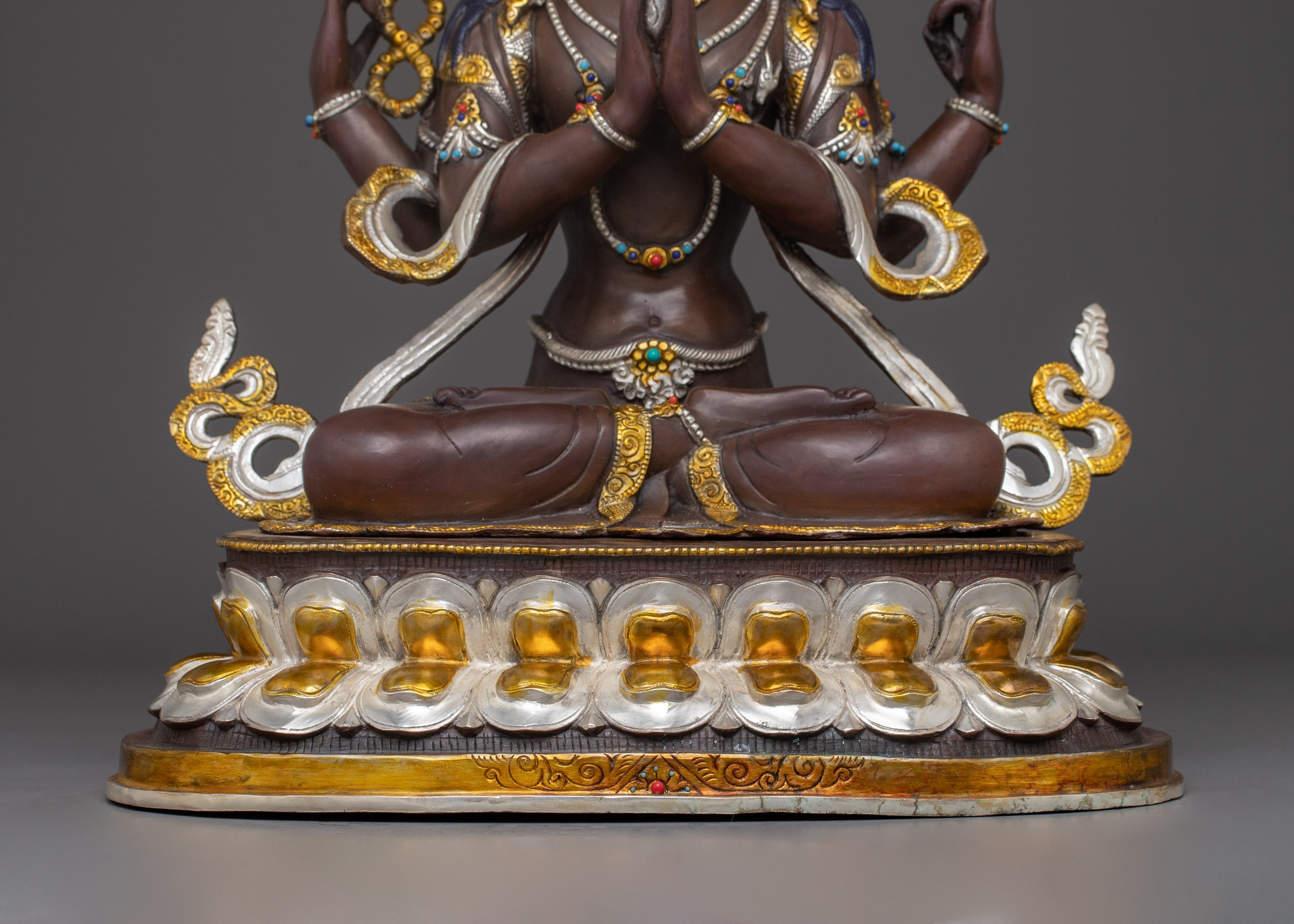 Handcrafted Four-Armed Chenrezig Statue | Oxidized Copper & Gold Plated Figurine