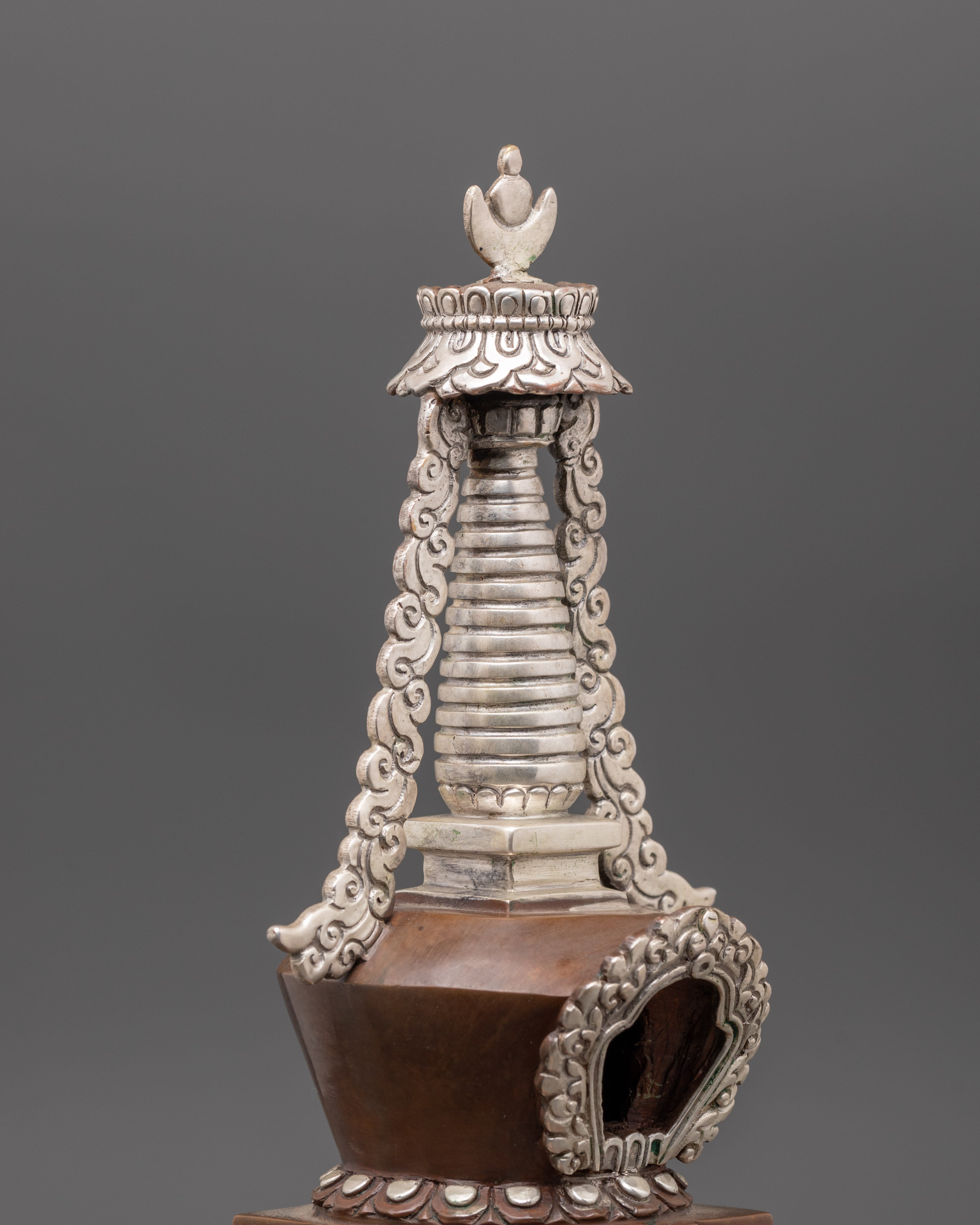 Handcrafted Himalayan Stupa Figurine | Silver Plated Buddhist Altar