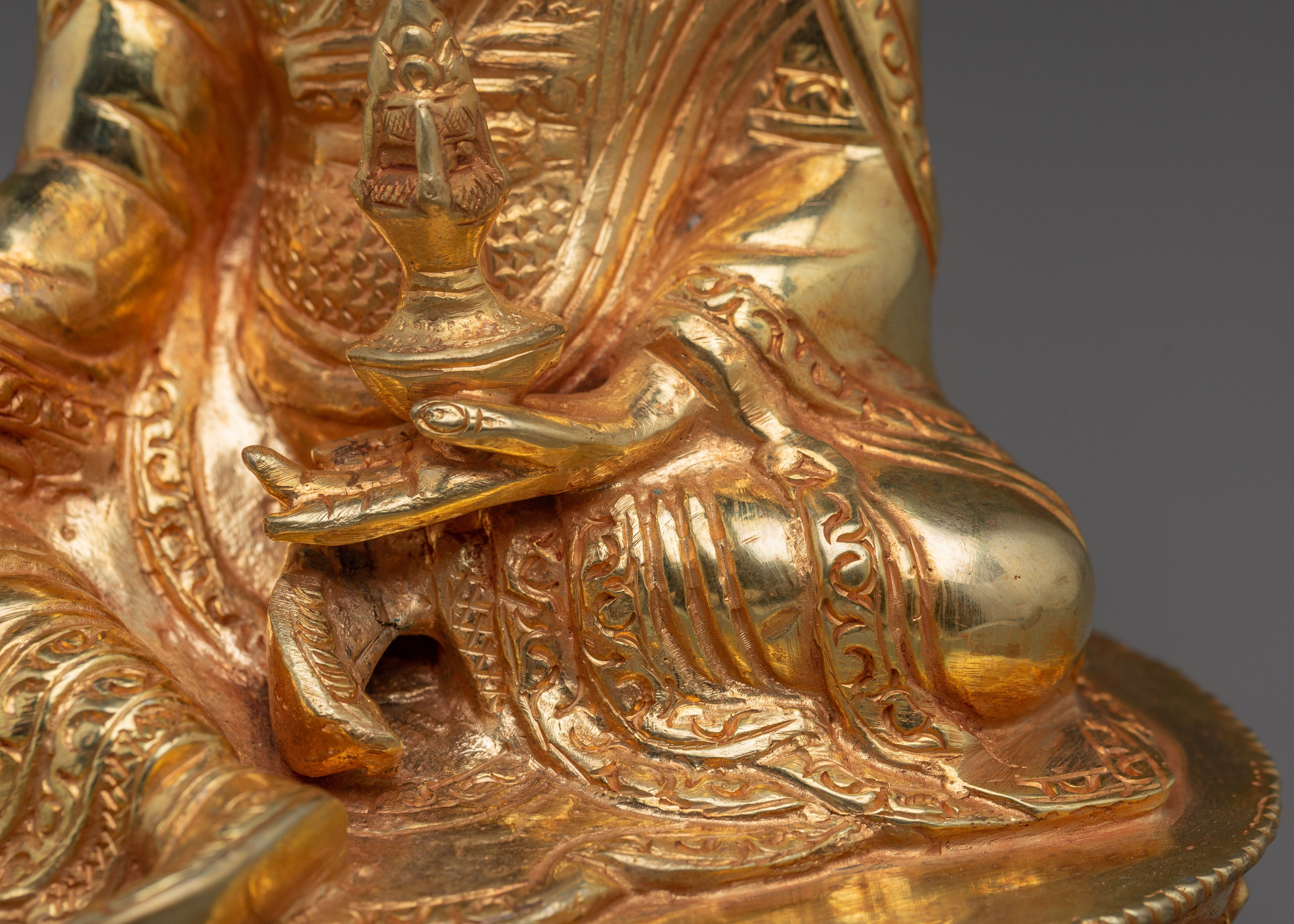 Sacred Padmasambhava Statue | Gold Plated Copper Buddha Sculpture with Coral & Turquoise