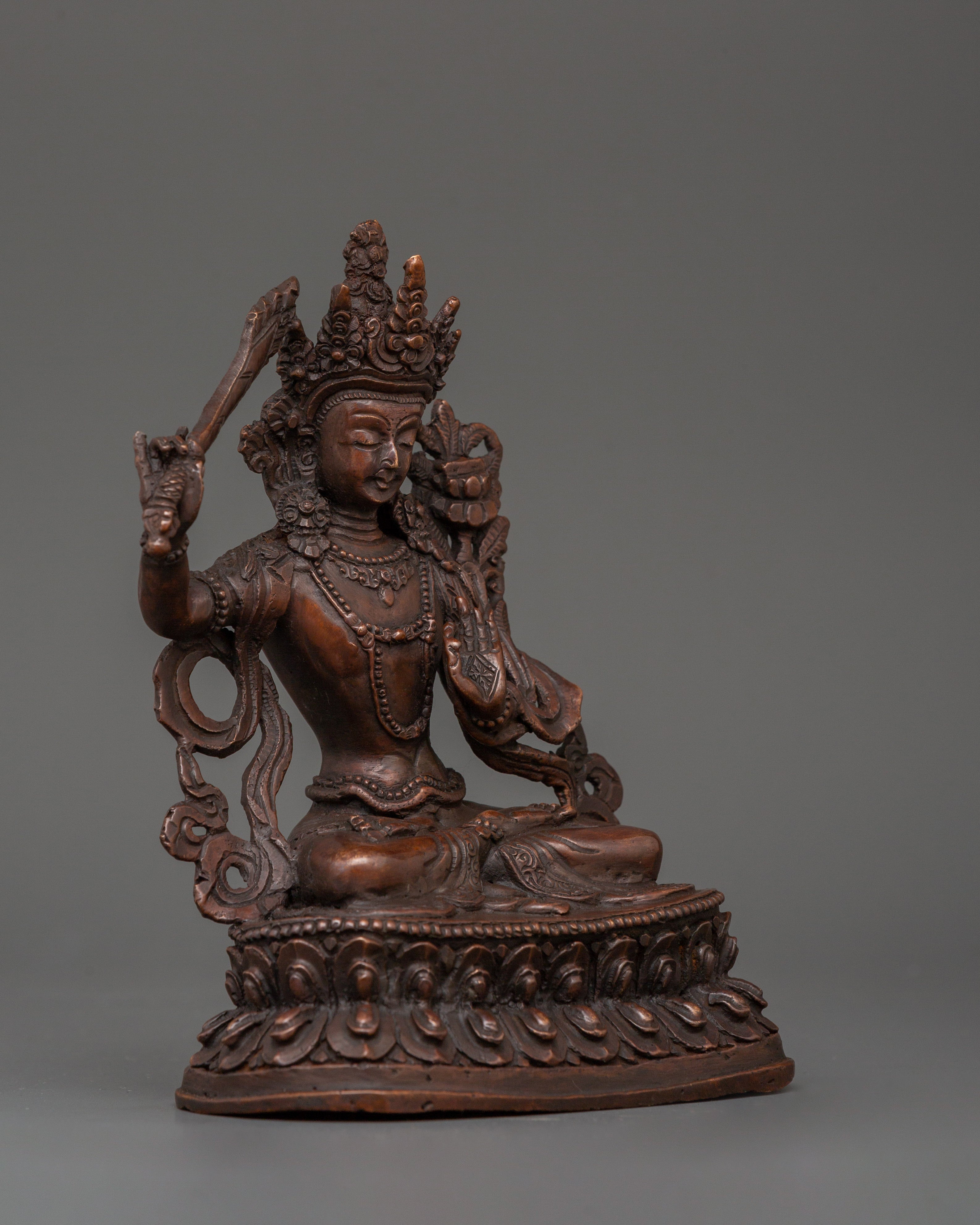 Sacred Manjushri Sculpture | Oxidized Copper Buddhist Bodhisattva of Wisdom