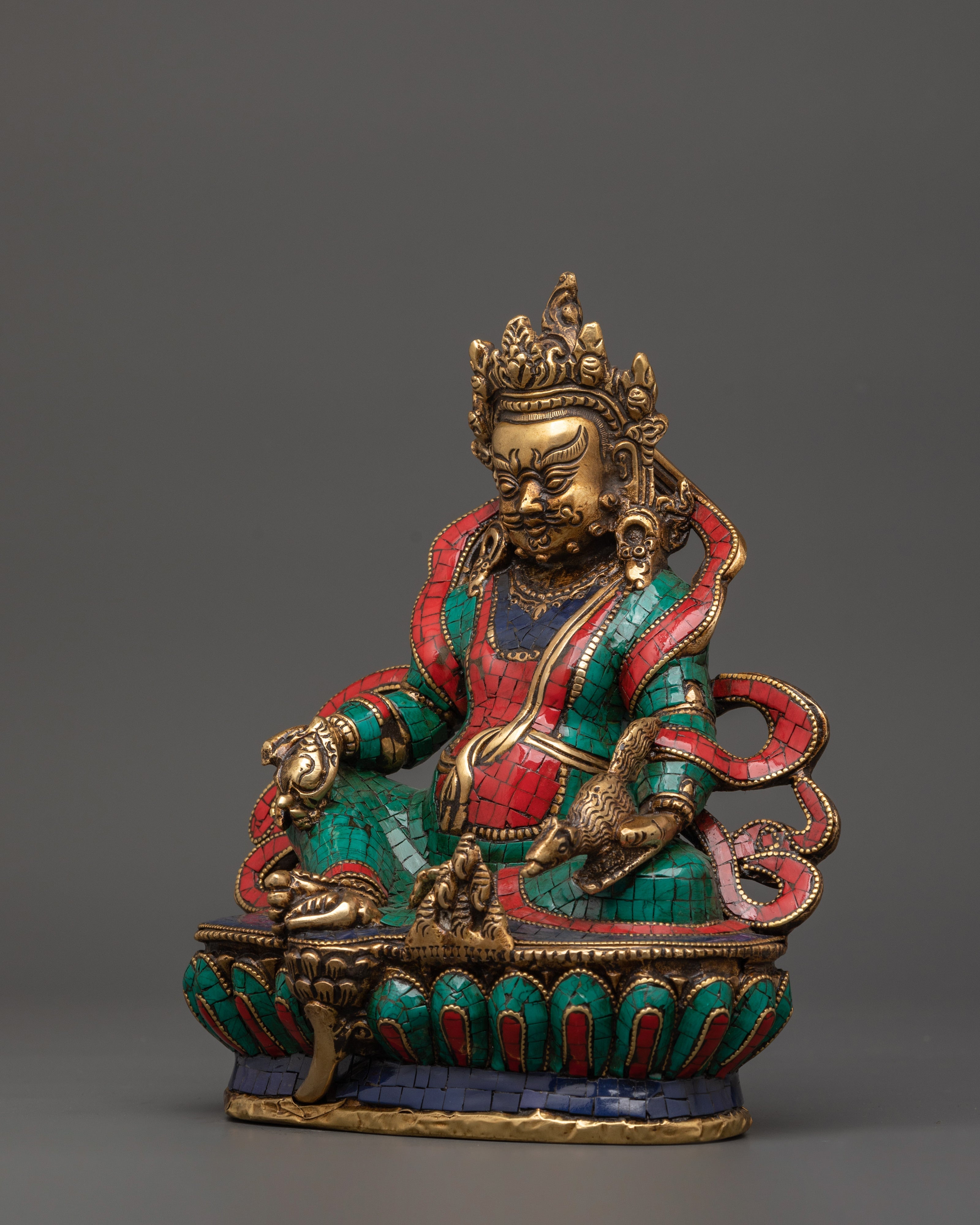 Brass Dzambhala Statue with Coral | Buddhist Altar Decor