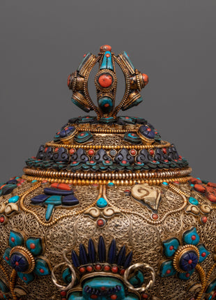 Tibetan Rice Bowl with Coral | Buddhist Altar Offering Bowl Decor