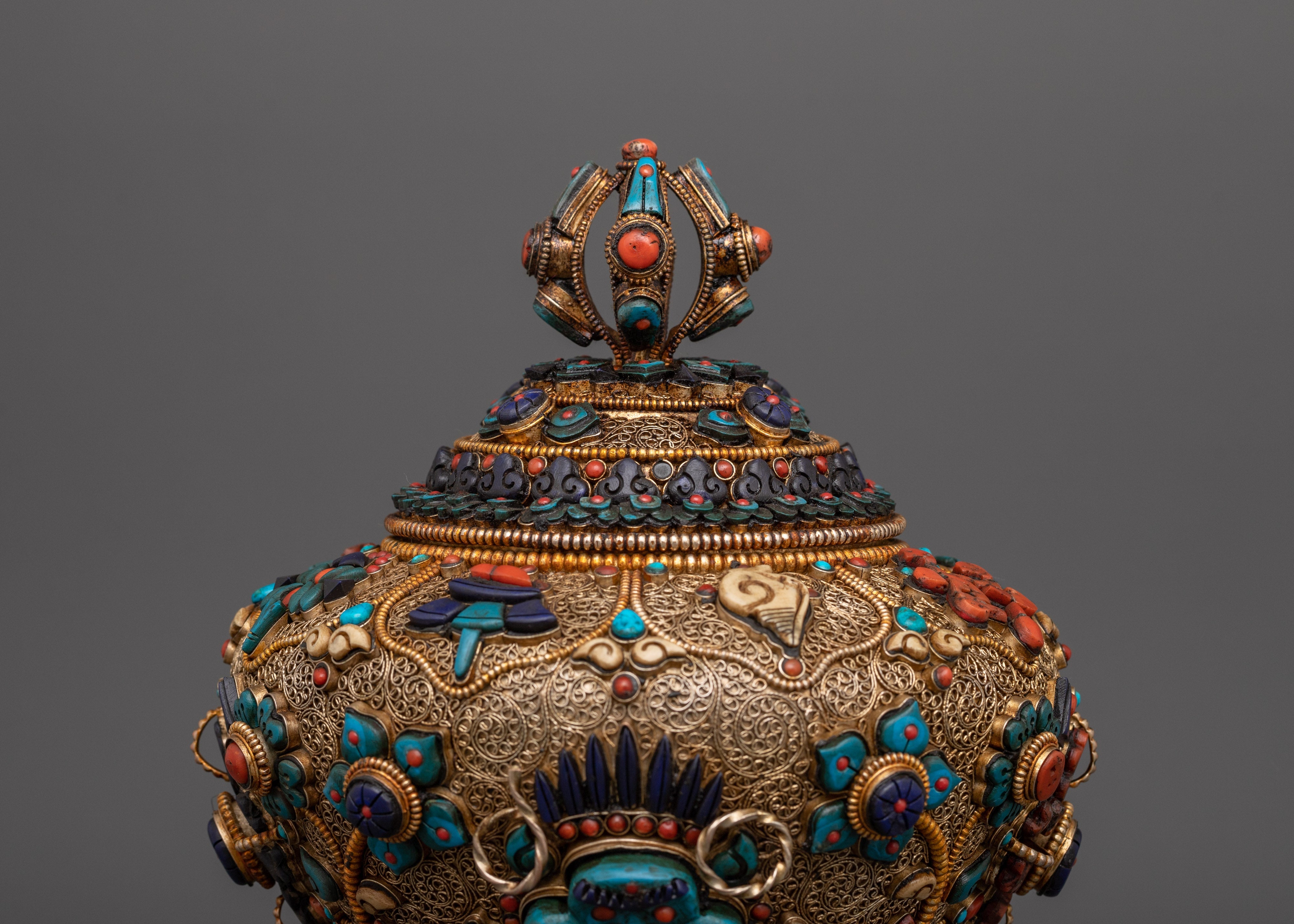 Tibetan Rice Bowl with Coral | Buddhist Altar Offering Bowl Decor