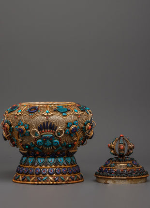 Tibetan Rice Bowl with Coral | Buddhist Altar Offering Bowl Decor