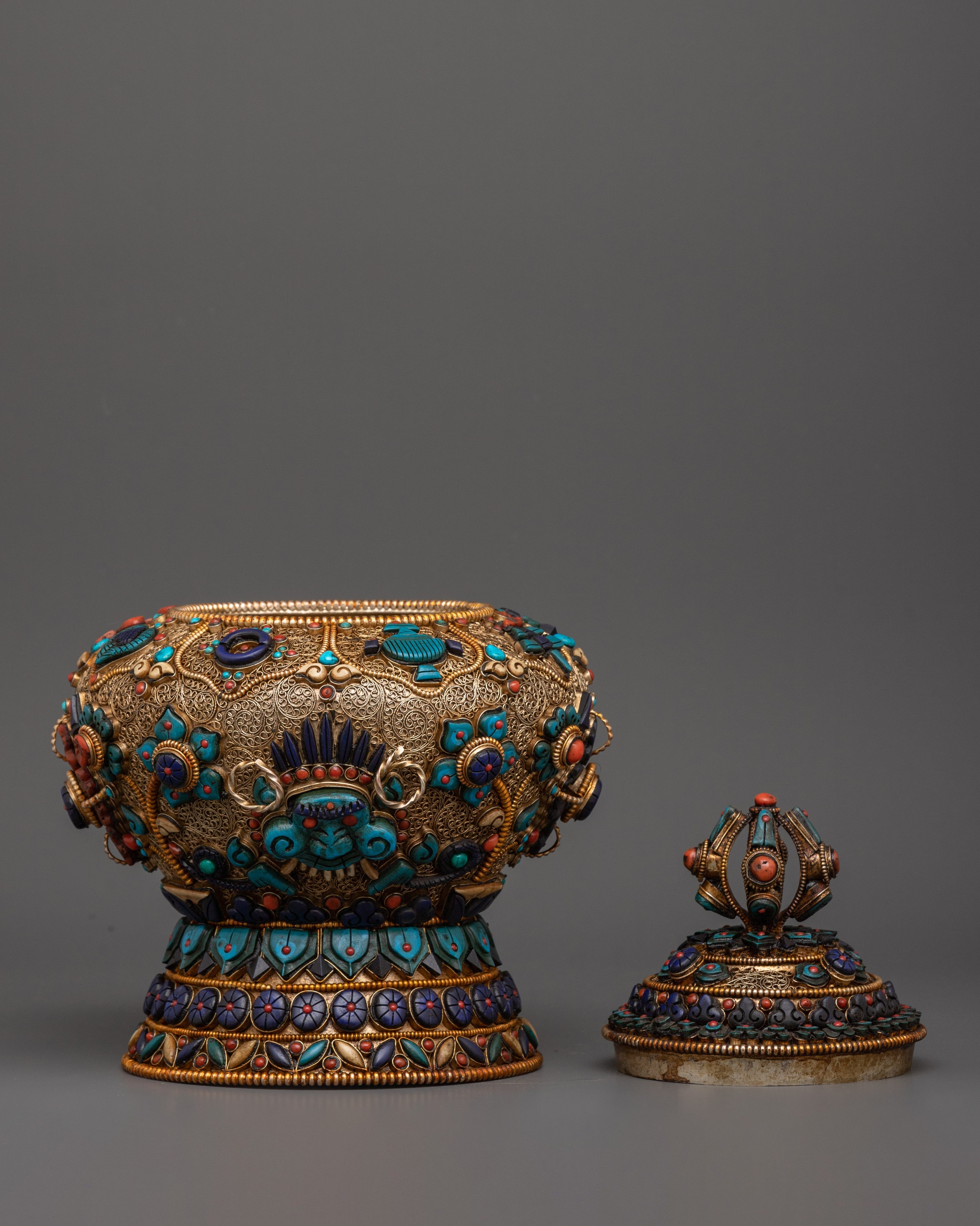 Tibetan Rice Bowl with Coral | Buddhist Altar Offering Bowl Decor