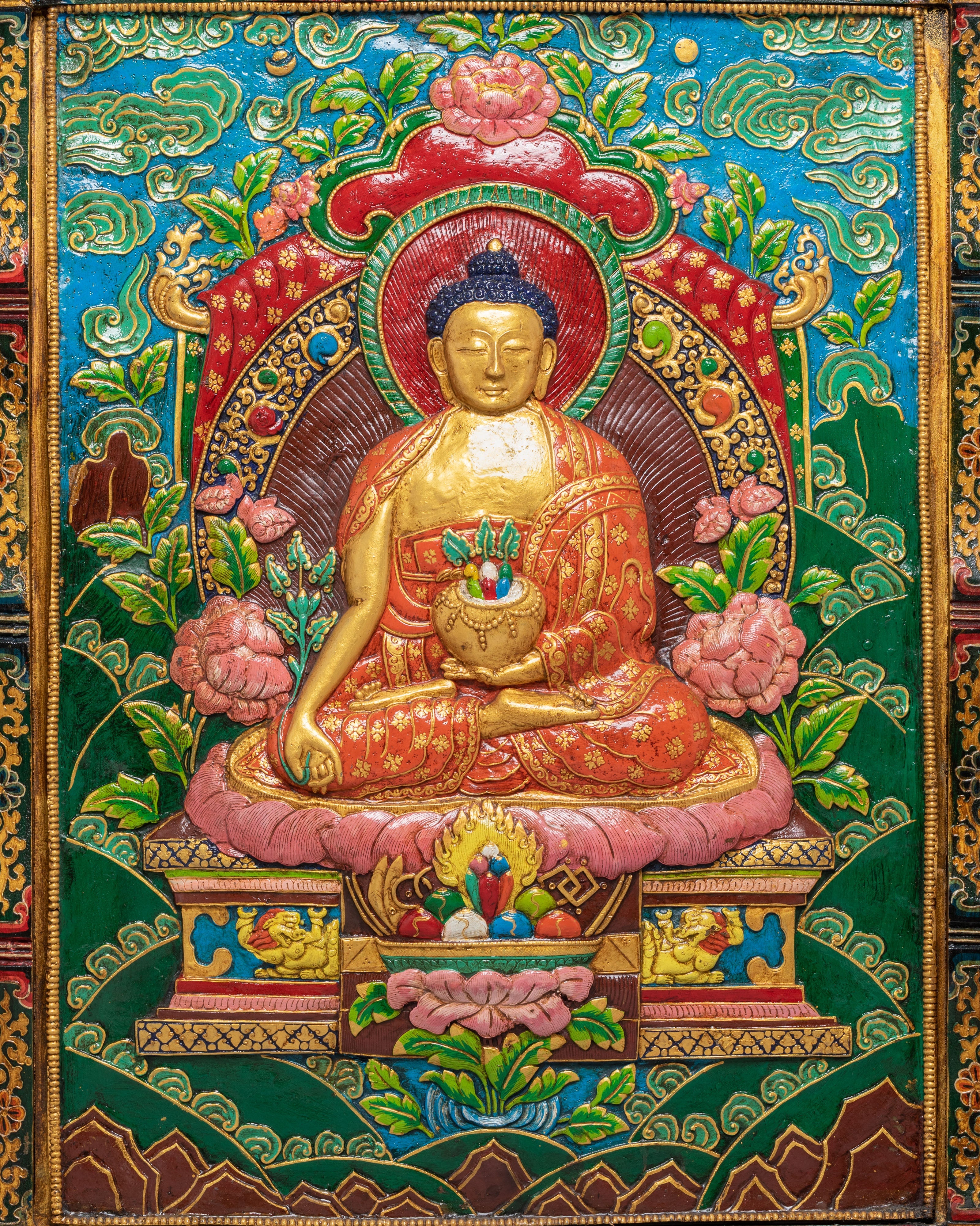 Sacred Medicine Buddha Thangka Wall Hanging | Tibetan Buddhist Healing Art