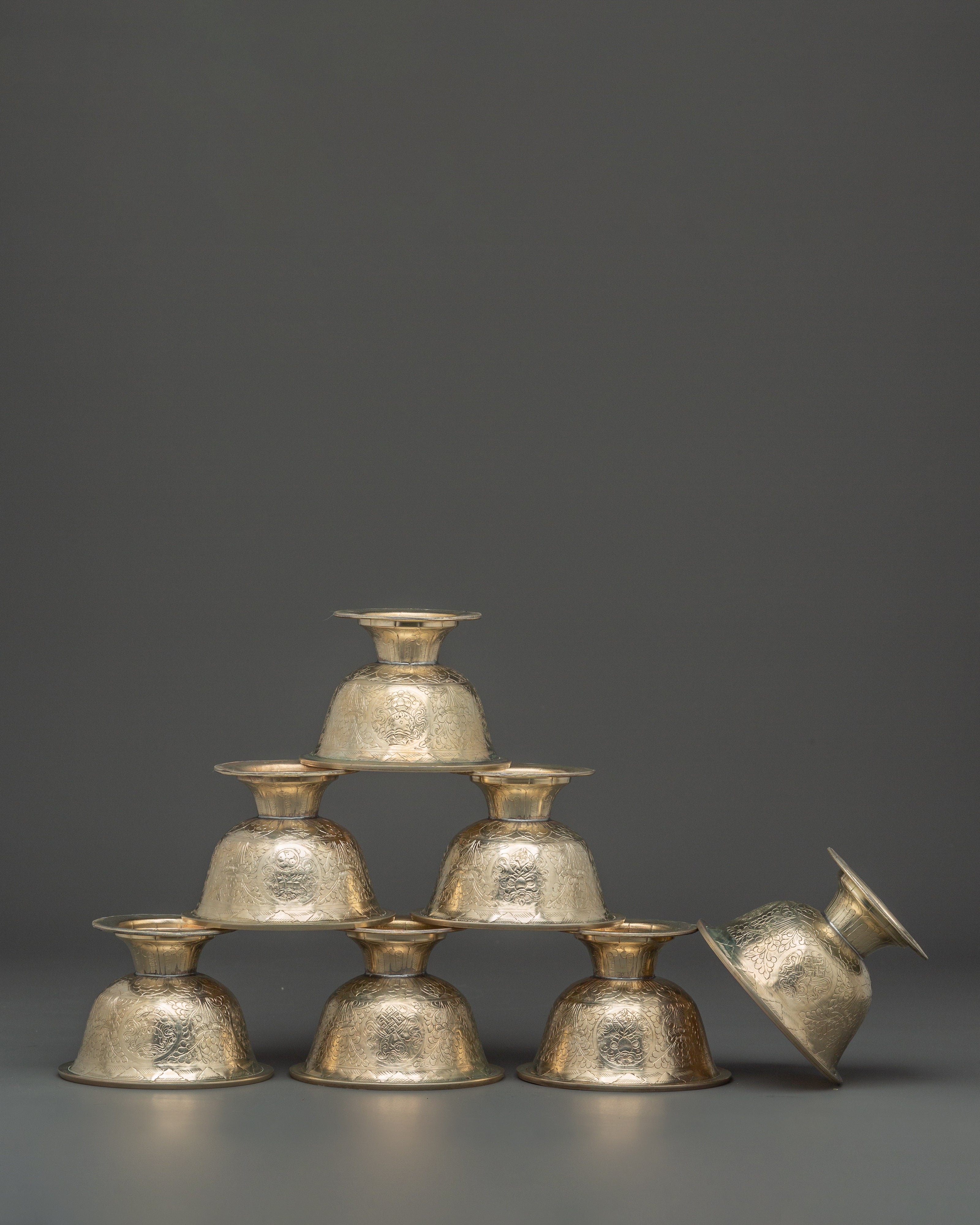 Buddhist Offering Altar Set | Handcrafted White Metal Ritual Bowls