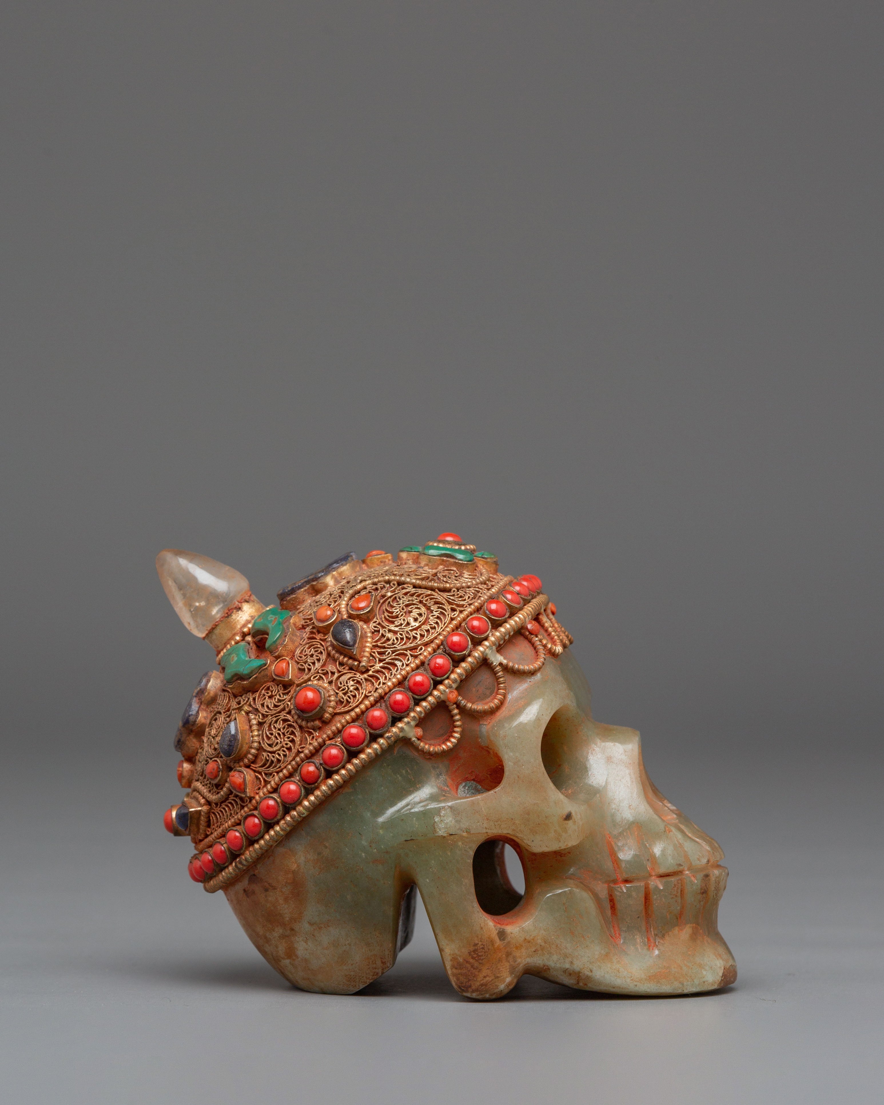 Handcrafted Skull Sculpture | Crystal and Copper Art with Turquoise & Coral