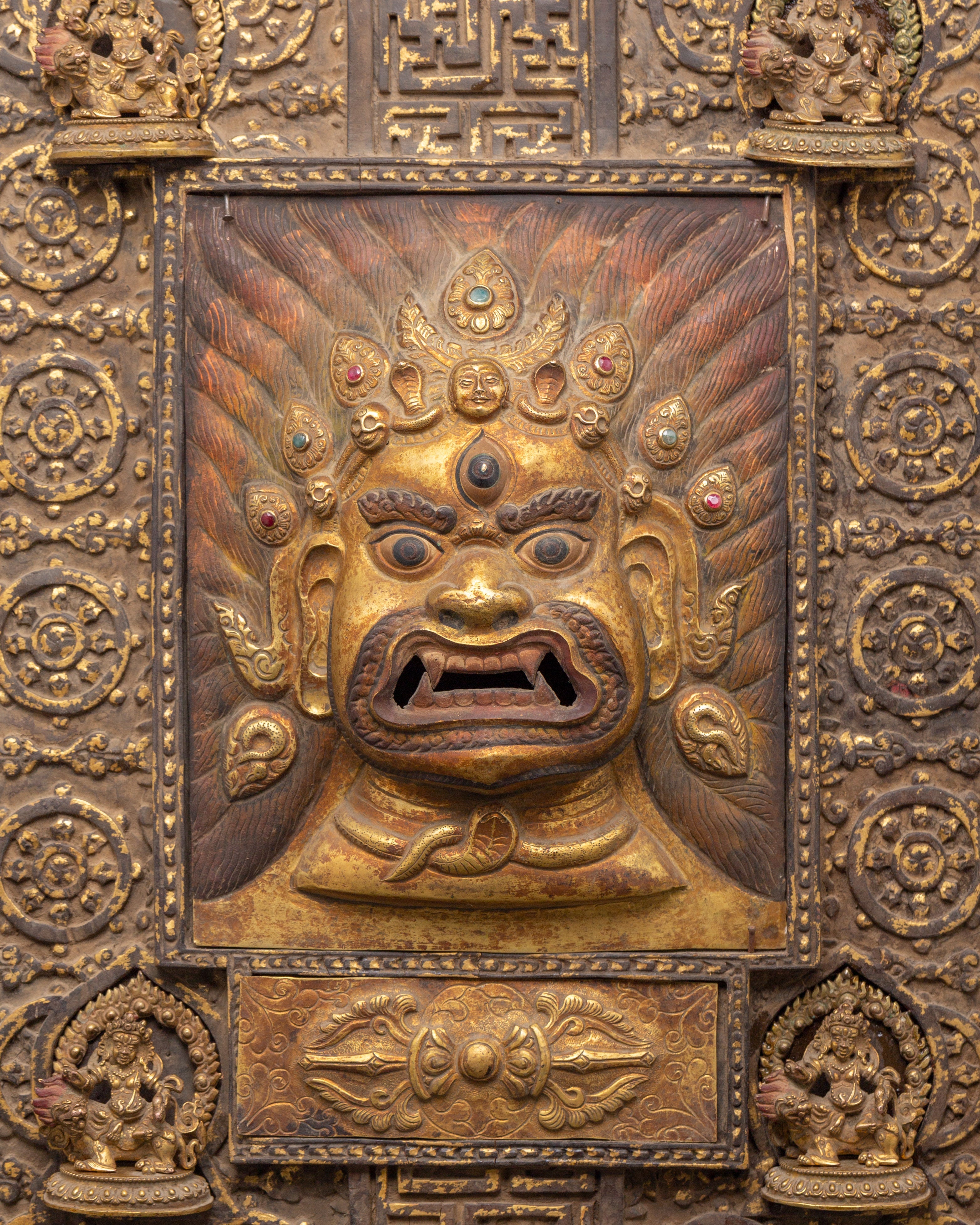 Mahakala Deity Wall Hanging with Four Deities and Vajra Design