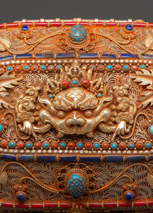 Gold-Plated Copper Tibetan Treasure Box | Coral & Turquoise Stones Inlaid Handcrafted Box
