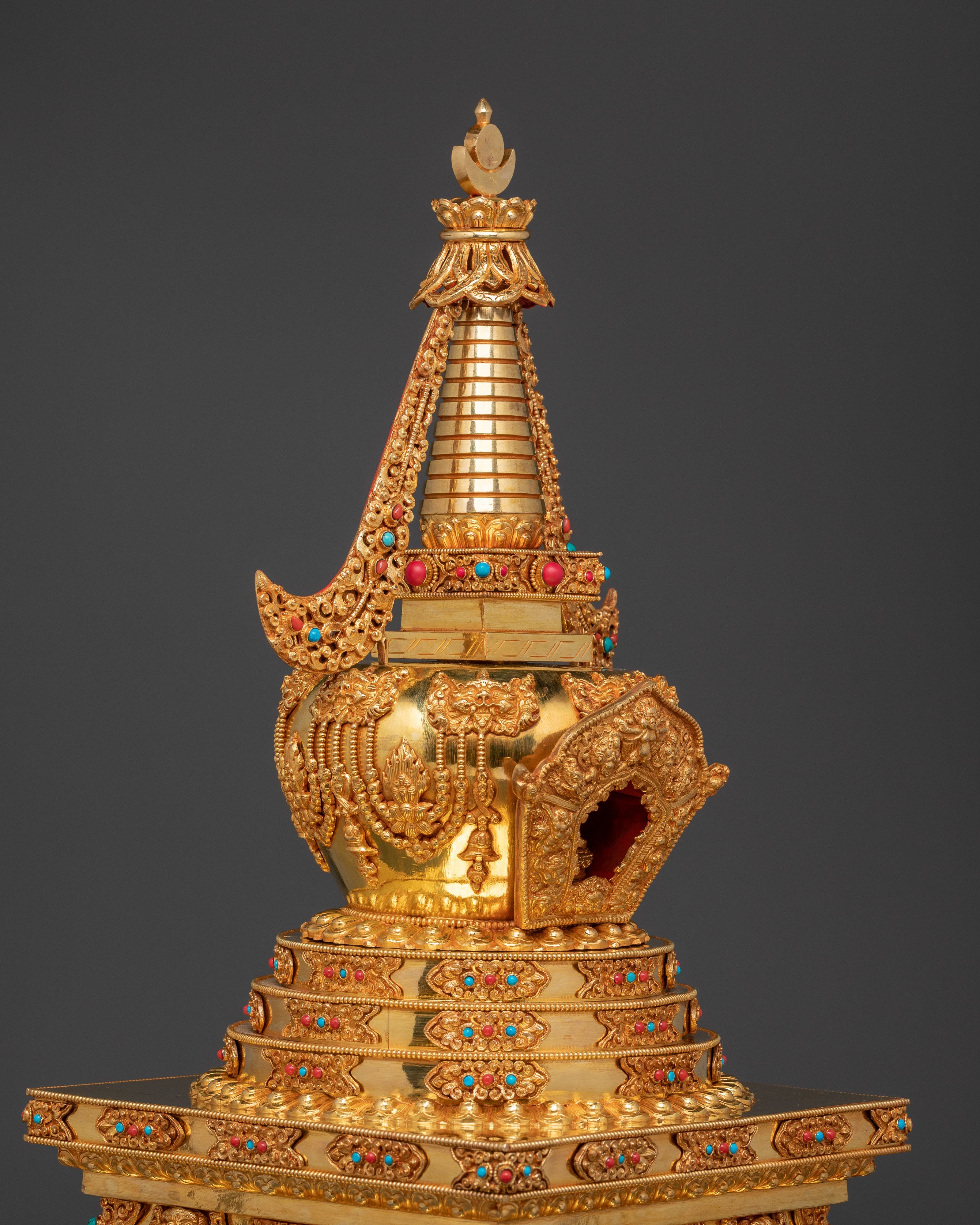 Gold-Plated Copper Buddhist Stupa for Tibetan Altar