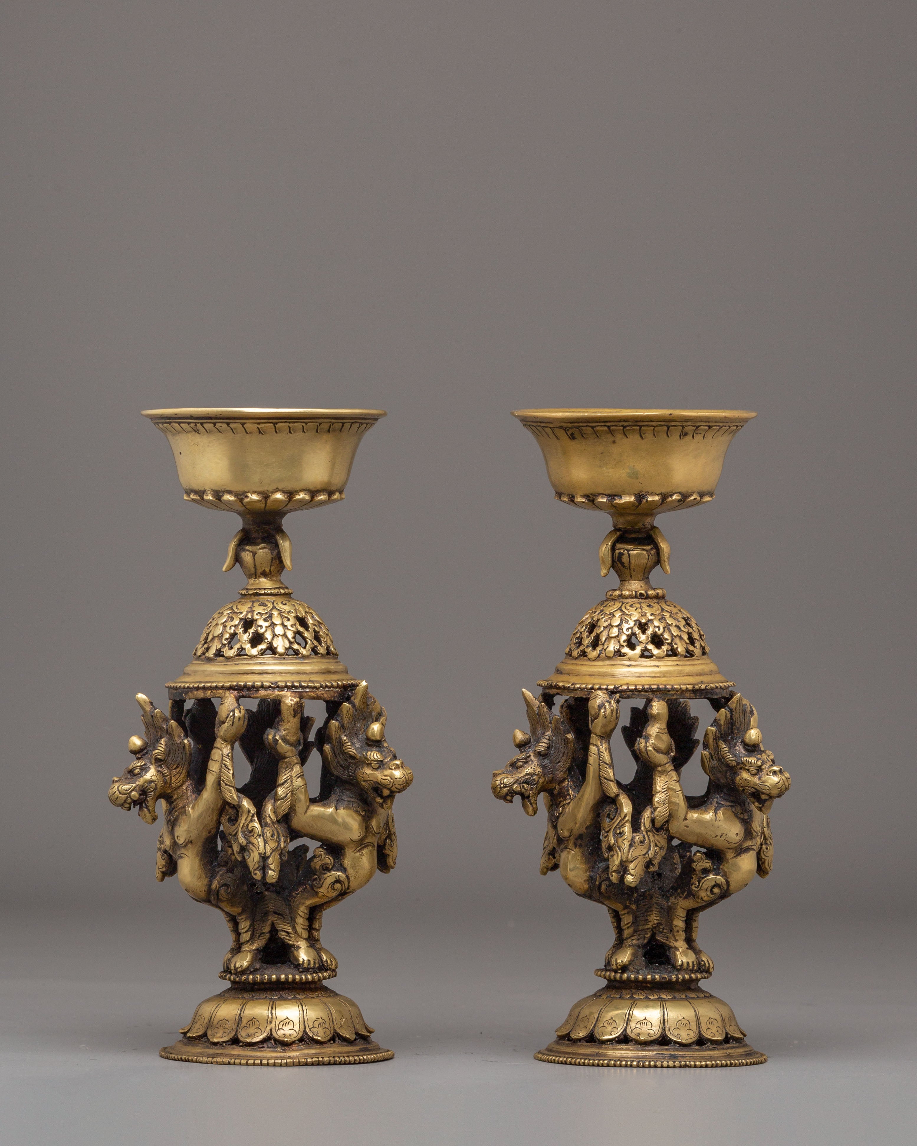 Handcrafted Brass Oil Lamp Set for Offering | Tibetan Ritual Lamps