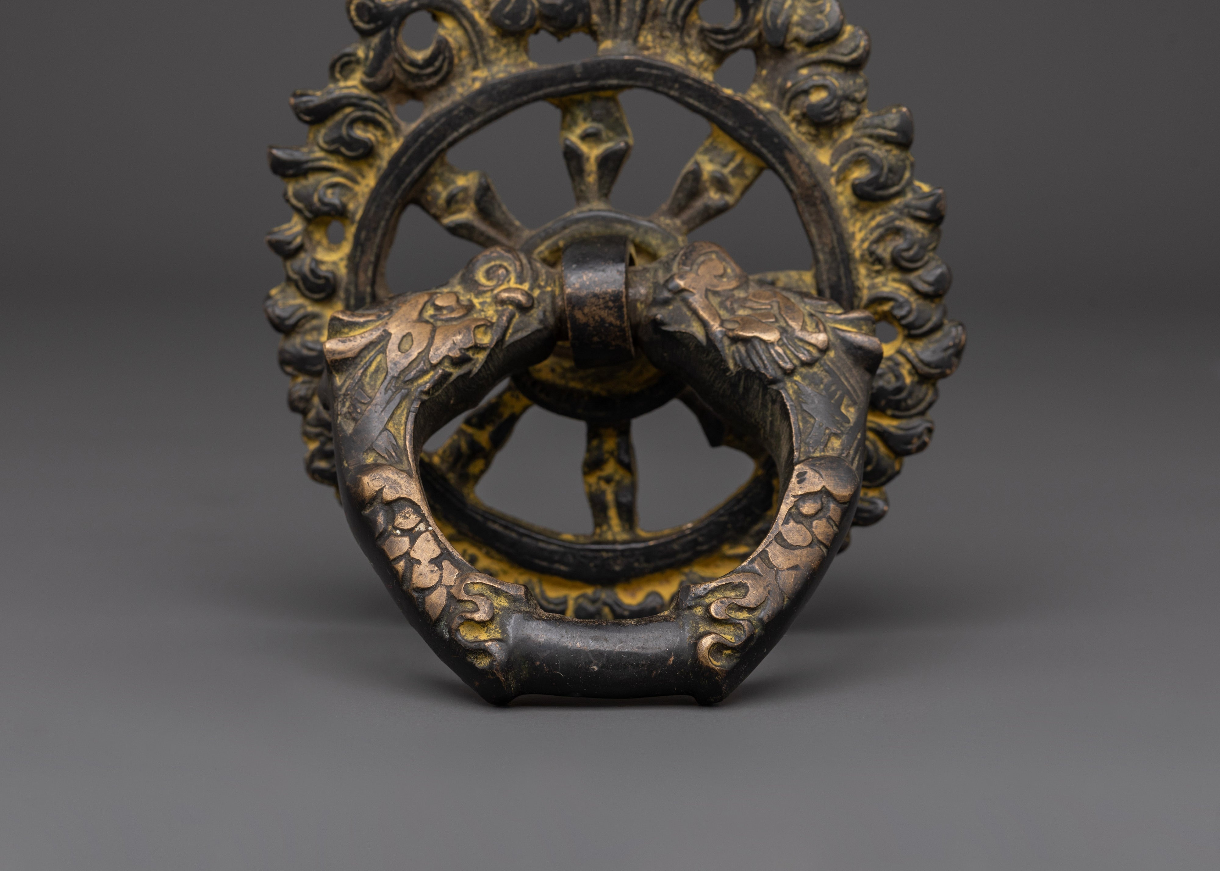 Tibetan Guardian Head Door Handle | Brass Ring Pull with Sacred Motifs