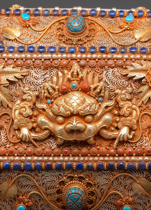 Tibetan Decorative Treasure Box | Buddhist Treasure Box with Turquoise & Coral Inlays