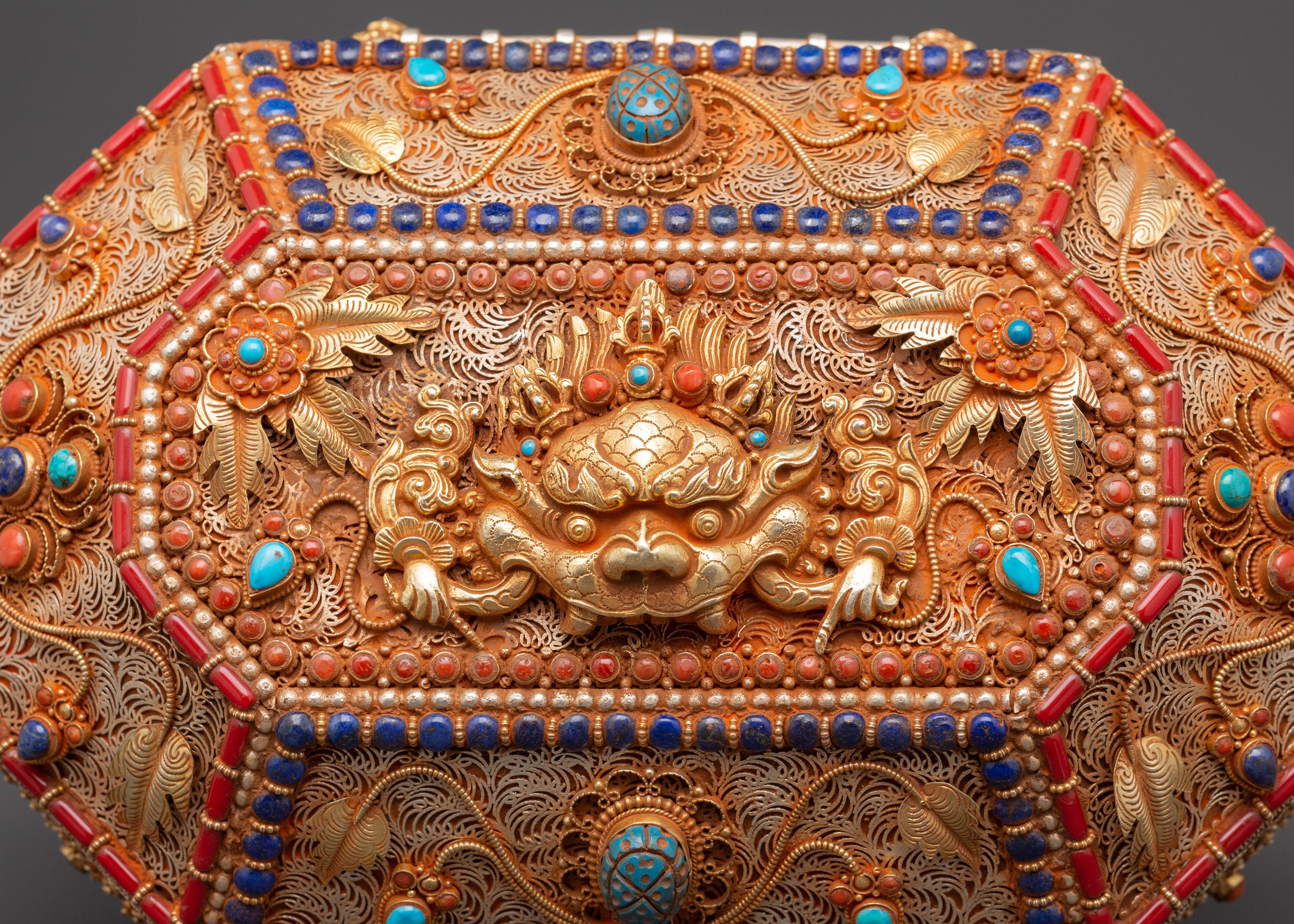 Tibetan Decorative Treasure Box | Buddhist Treasure Box with Turquoise & Coral Inlays