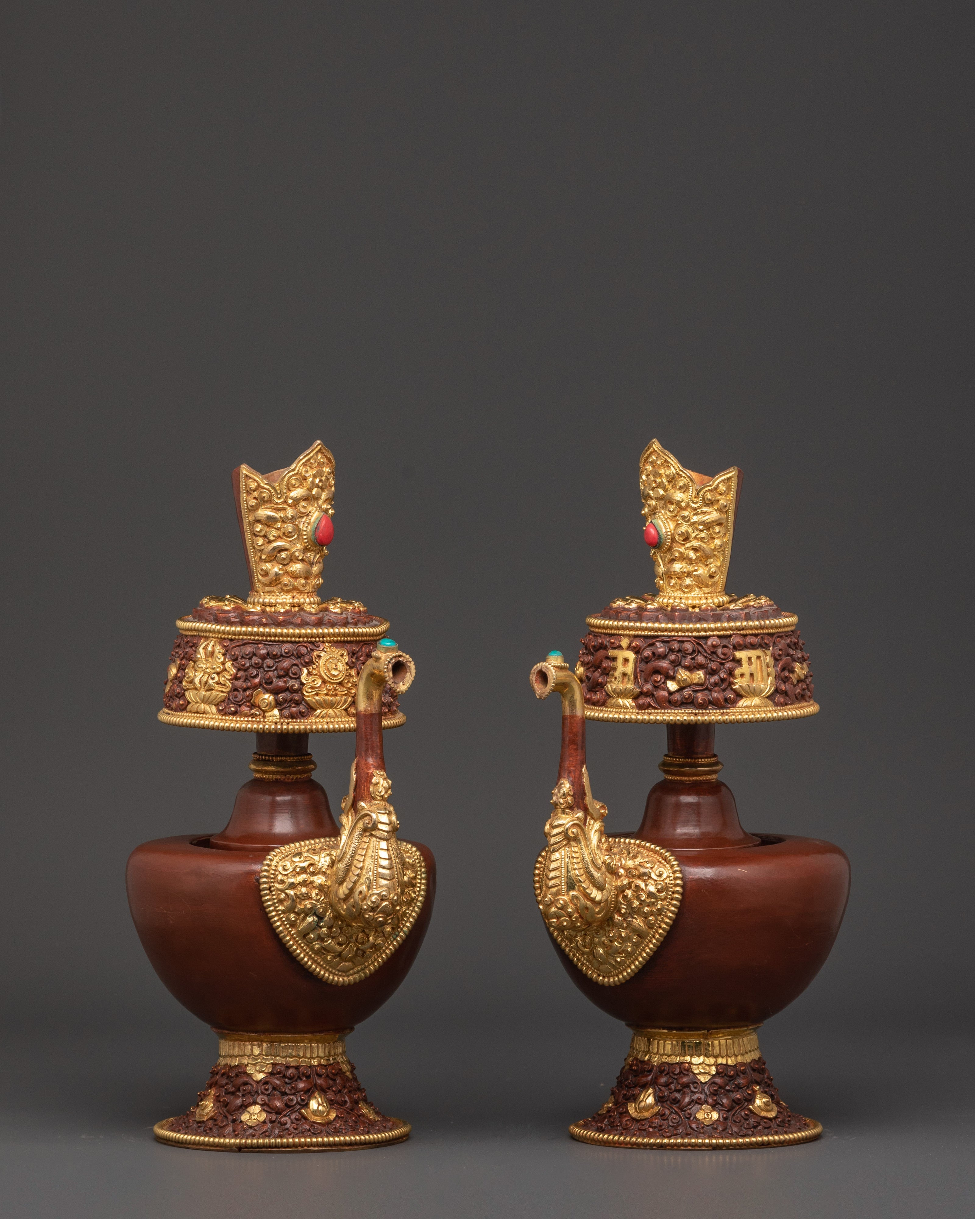 Pair of Tibetan Bhumba Vases | Gold-Plated Copper Vessels with Coral Inlay