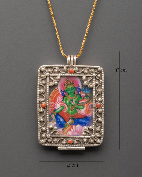 Green Tara Silver Sacred Locket | Buddhist Locket for Inner Peace and Swift Protection