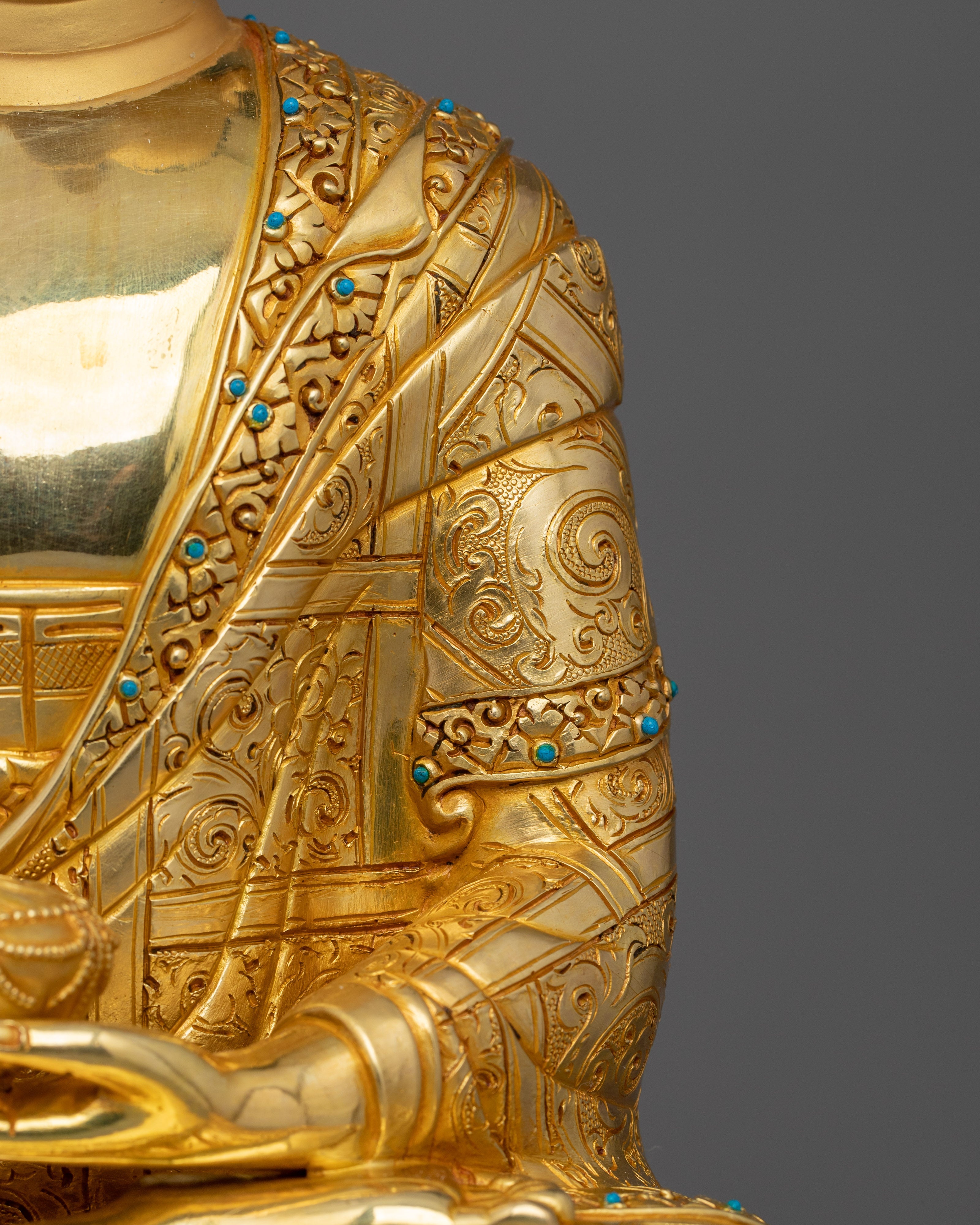 Hand Carved Buddhist Shakyamuni Buddha Figurine | 24K Gold Gilded Statue