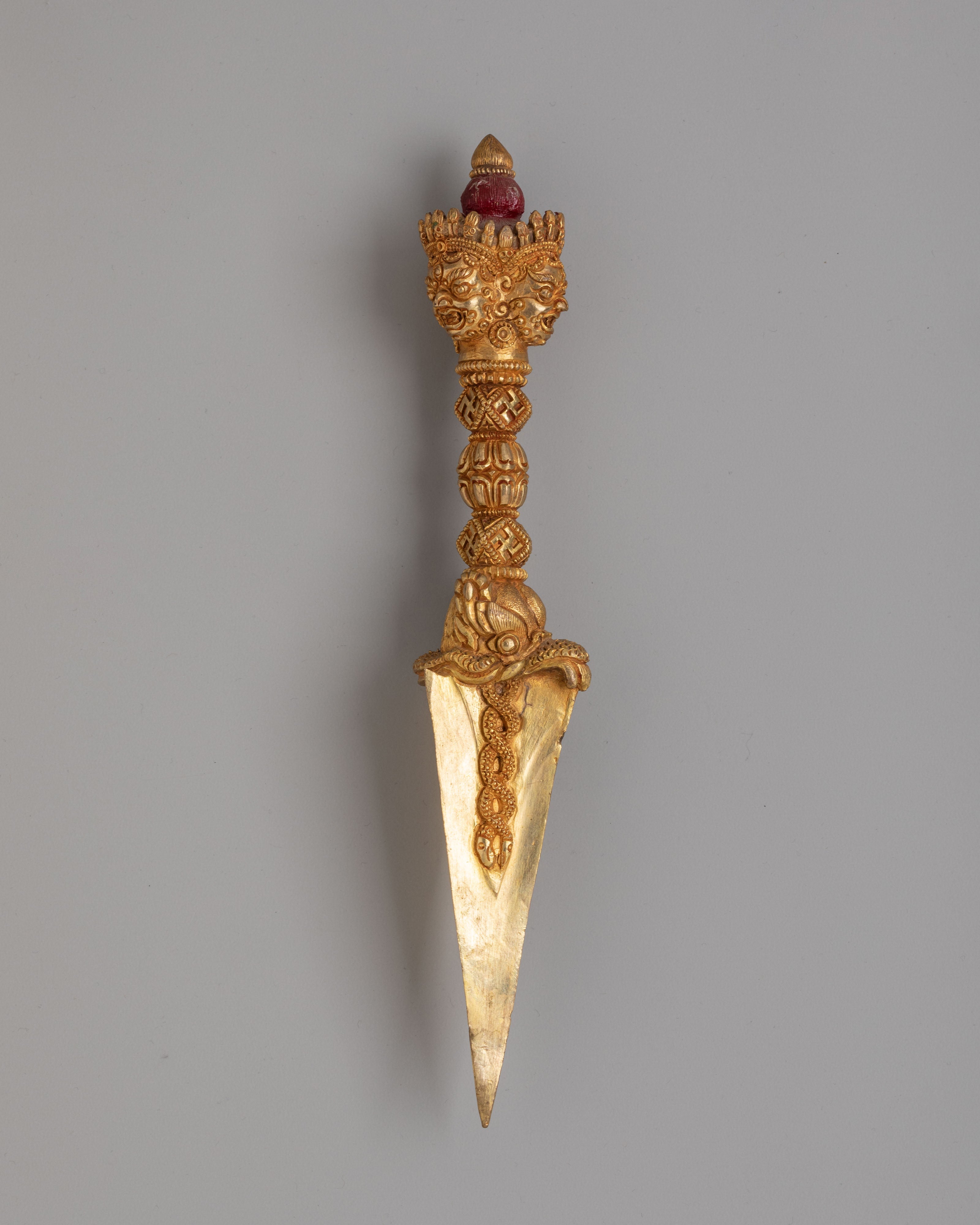 Traditional Buddhist Phurba Dagger | Gold Plated Copper Ritual Dagger