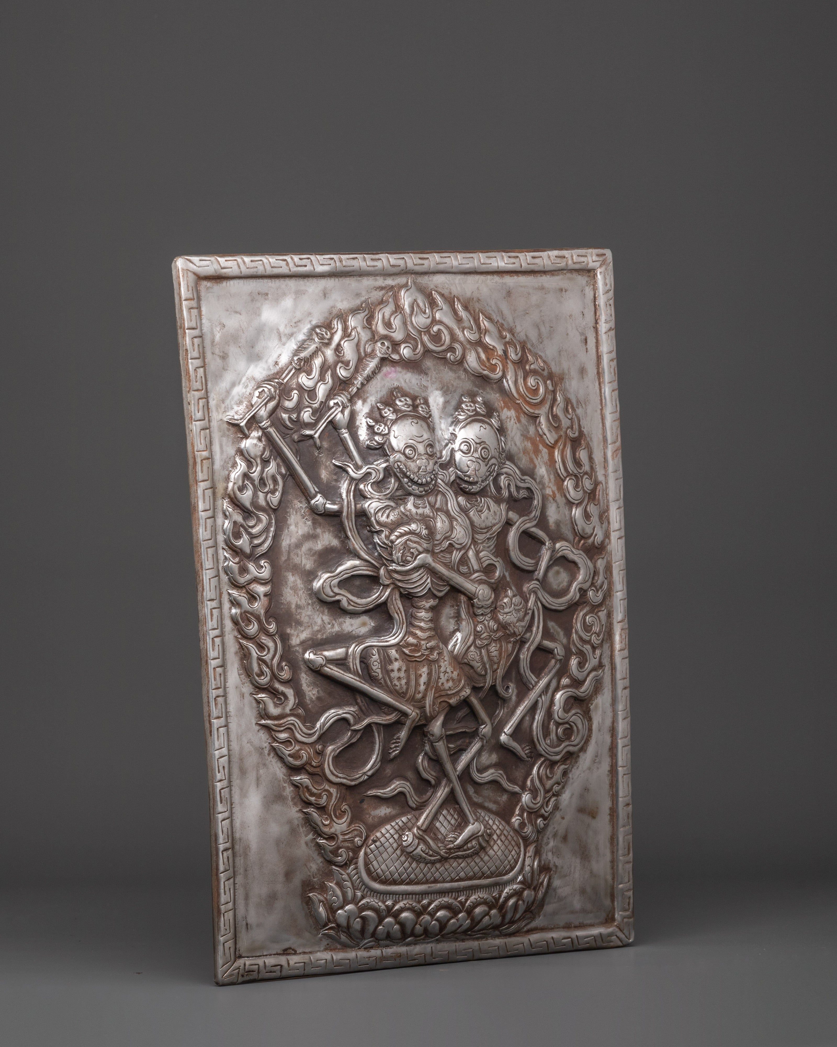 Handcrafted Tibetan Citipati Wall Hanging | Iron Skeleton Deity Plaque with Fire Aura