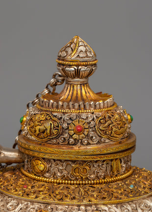 Handcrafted Tibetan Tea Pot with Gold & Silver Plating | Traditional Buddhist Decor