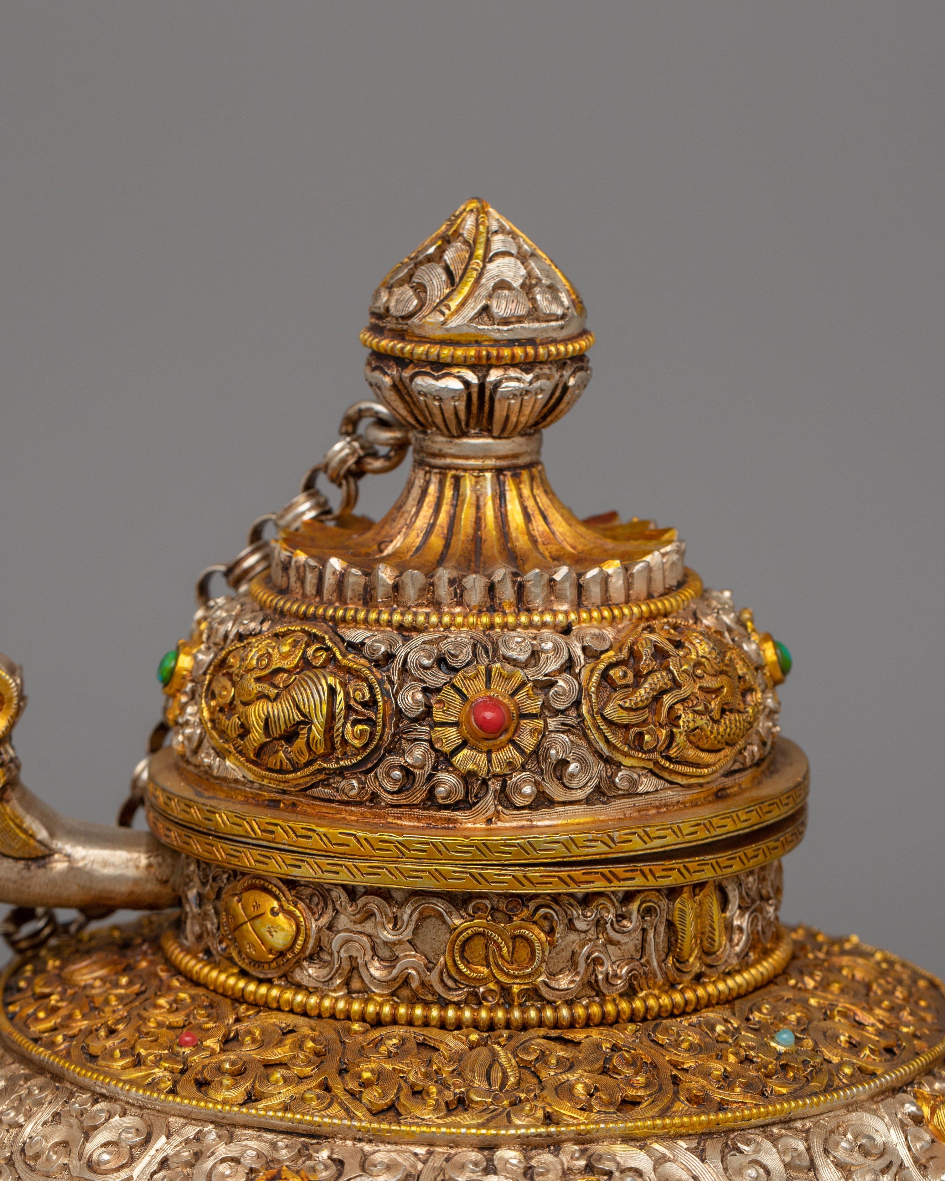 Handcrafted Tibetan Tea Pot with Gold & Silver Plating | Traditional Buddhist Decor