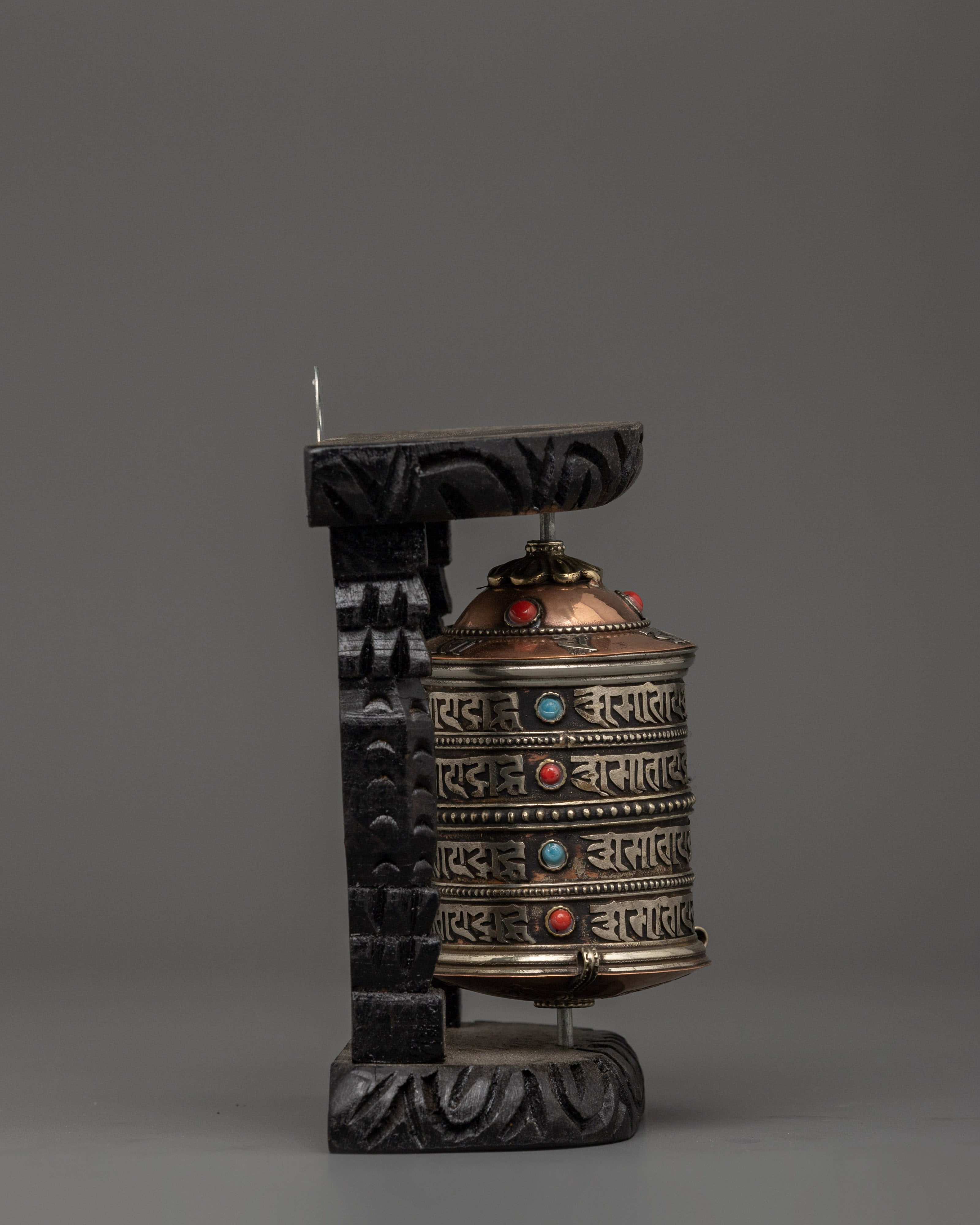 Prayer Wheel With Wooden Frame | Spiritual Tool with Sacred Mantras