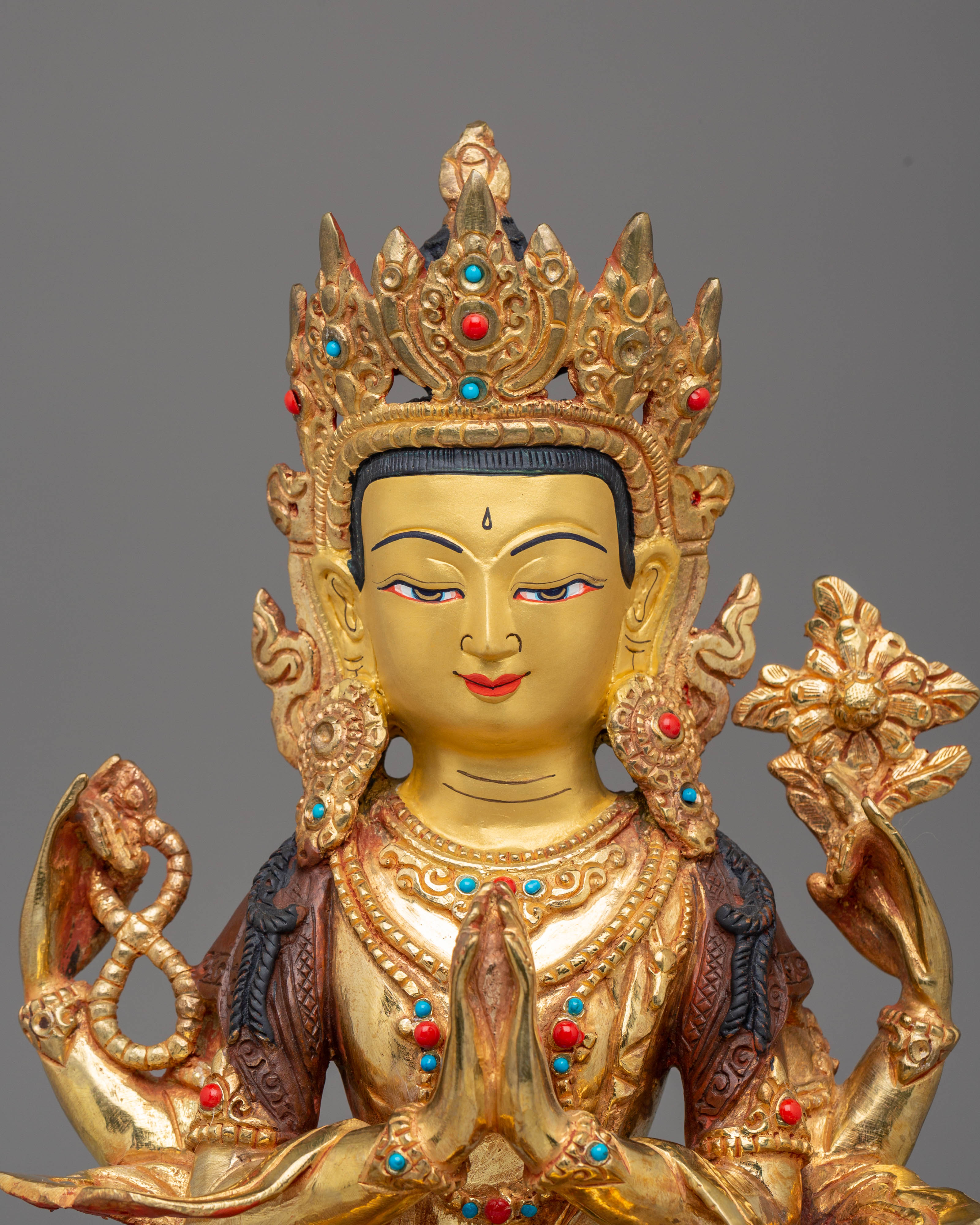 Sacred Bodhisattva Chenrezig Statue | Copper, Gold-Plated, Coral & Turquoise Inlays