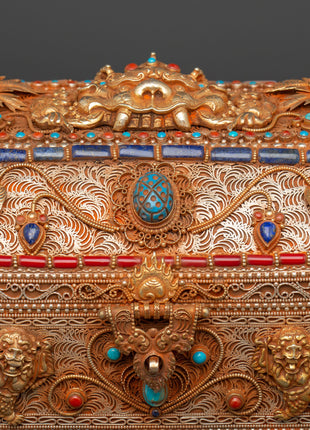 Gold-Plated Copper Tibetan Treasure Box | Coral & Turquoise Stones Inlaid Handcrafted Box