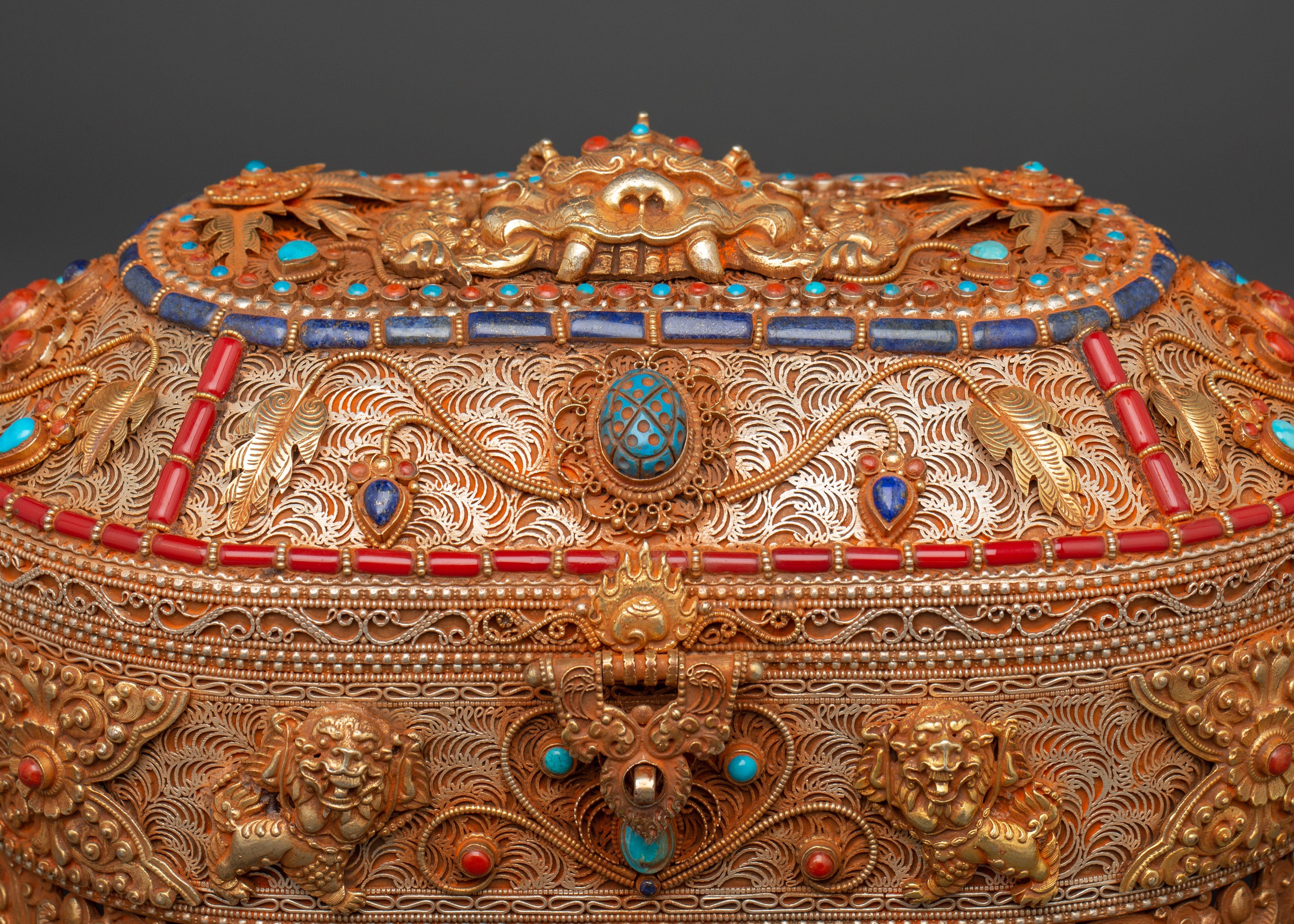 Gold-Plated Copper Tibetan Treasure Box | Coral & Turquoise Stones Inlaid Handcrafted Box